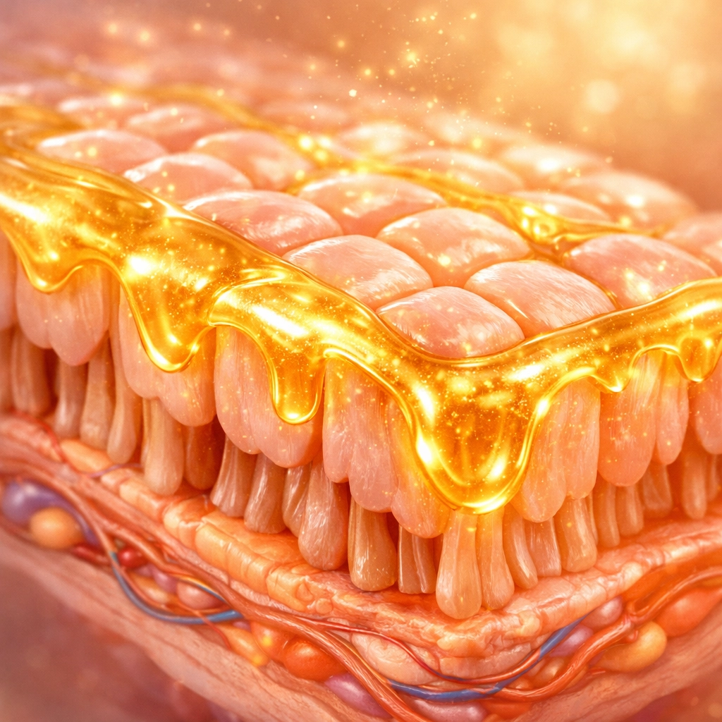 Visualization of bone broth nutrients sealing and protecting the human intestinal wall lining.