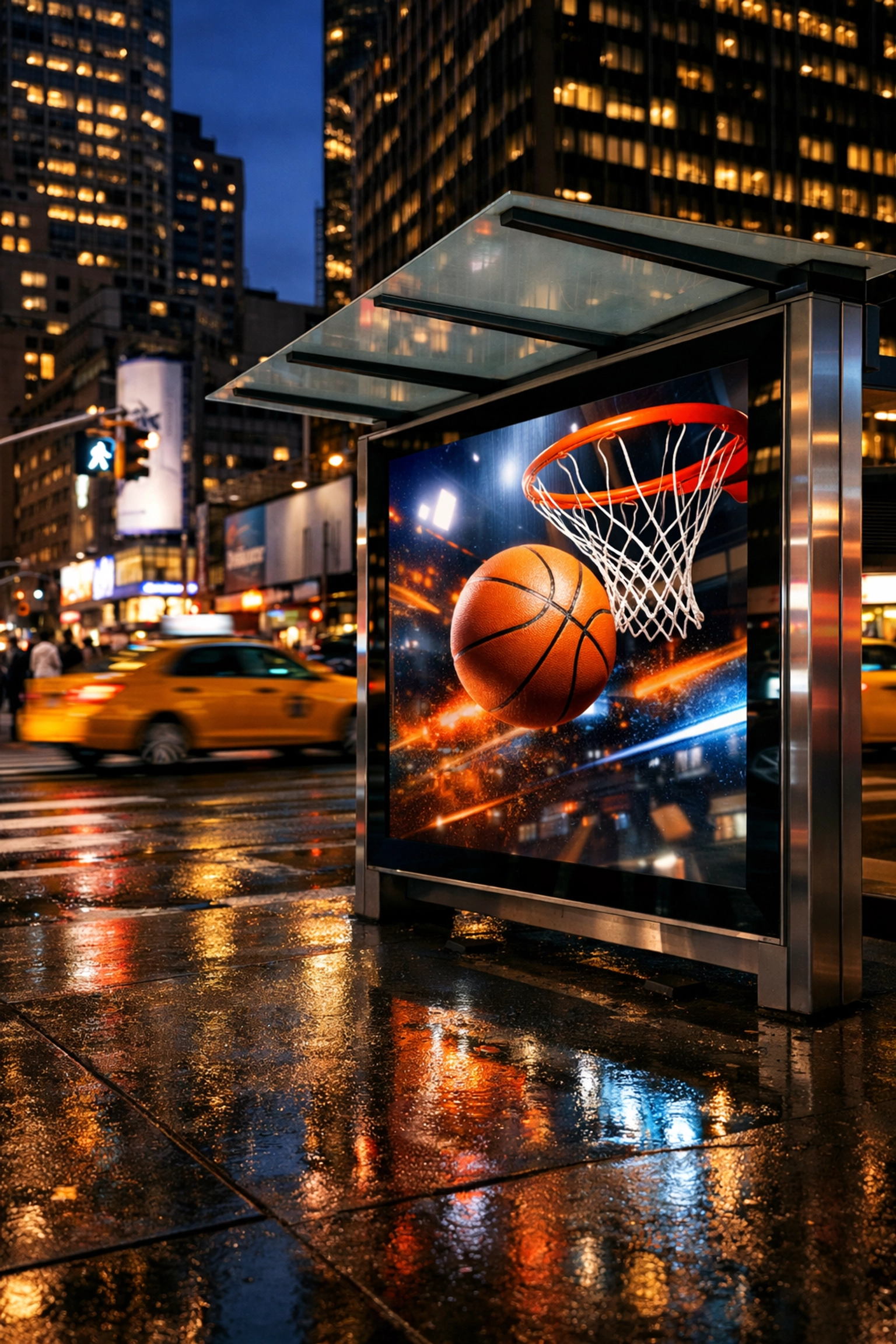 Urban digital out of home display at a city bus shelter featuring high-impact sports marketing graphics.