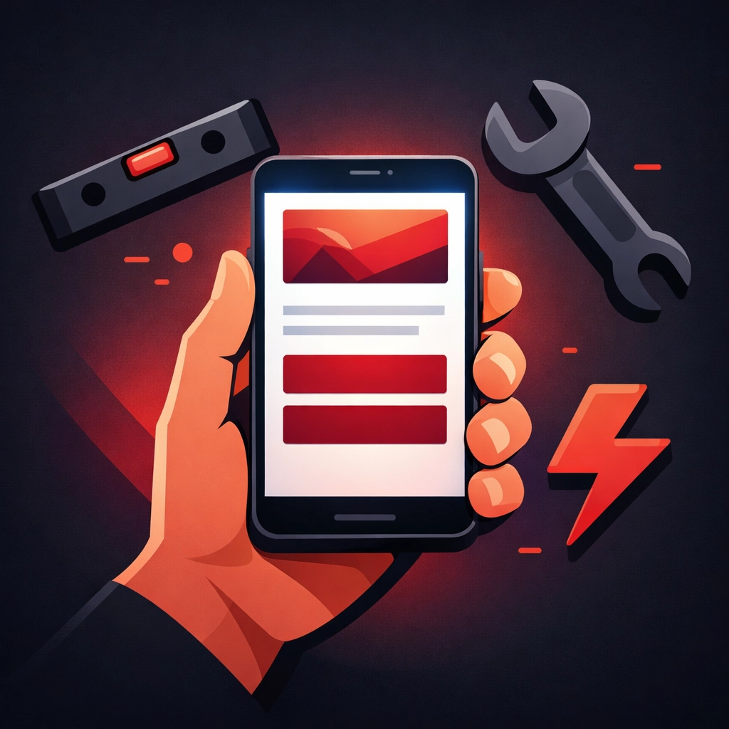 Responsive mobile website for tradespeople showing clear action buttons and floating tool icons.