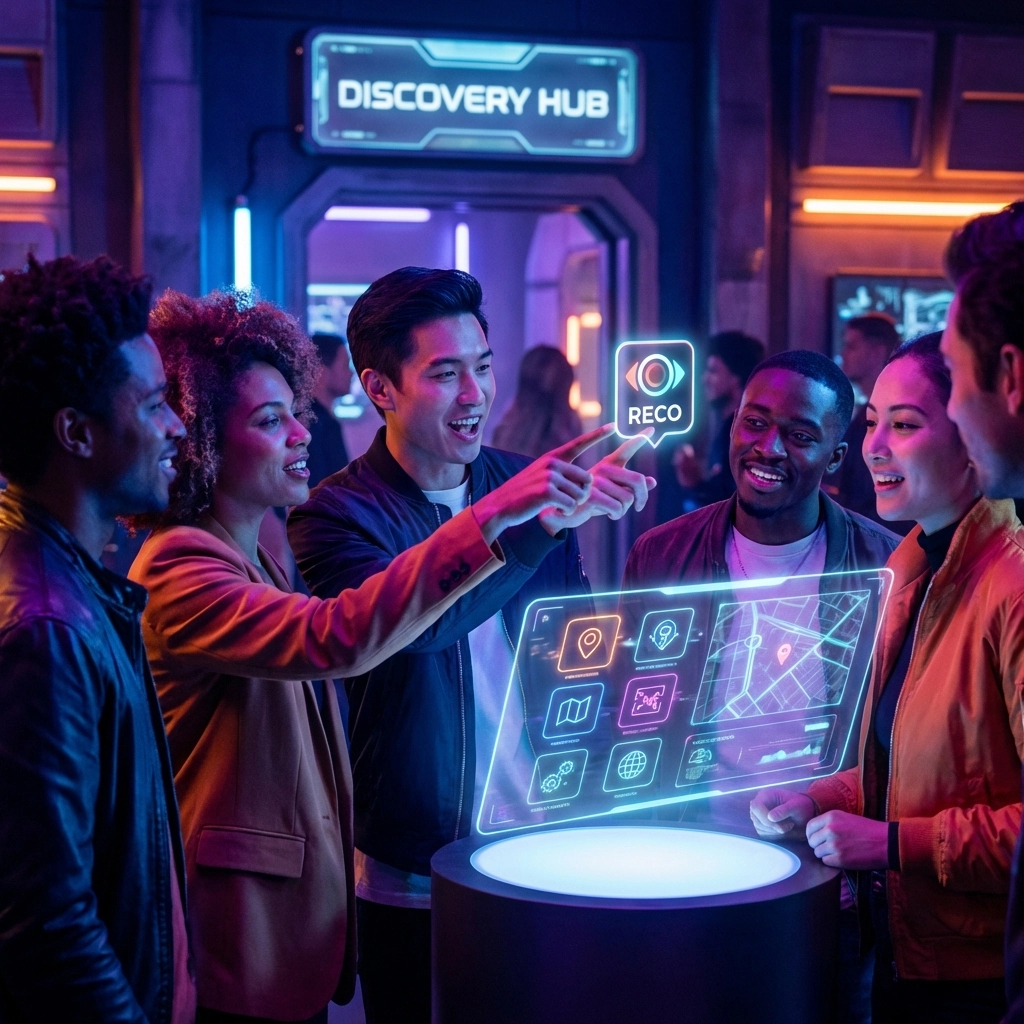 Group of friends laughing and interacting around a futuristic digital display, enjoying a social and interactive group activity together.