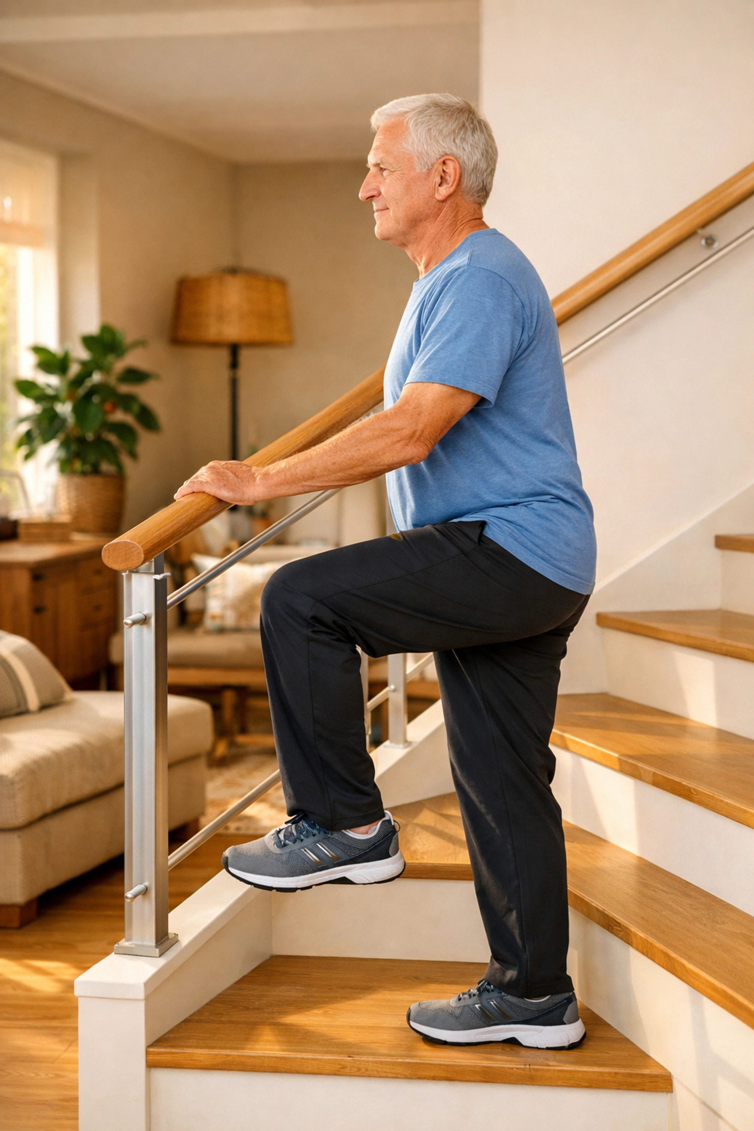 Senior man using the step-to pattern and a handrail to safely climb stairs at home.