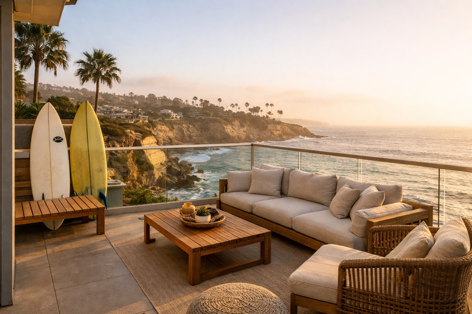 Luxury vacation rental terrace in La Jolla with a modern outdoor lounge and stunning Pacific ocean views.