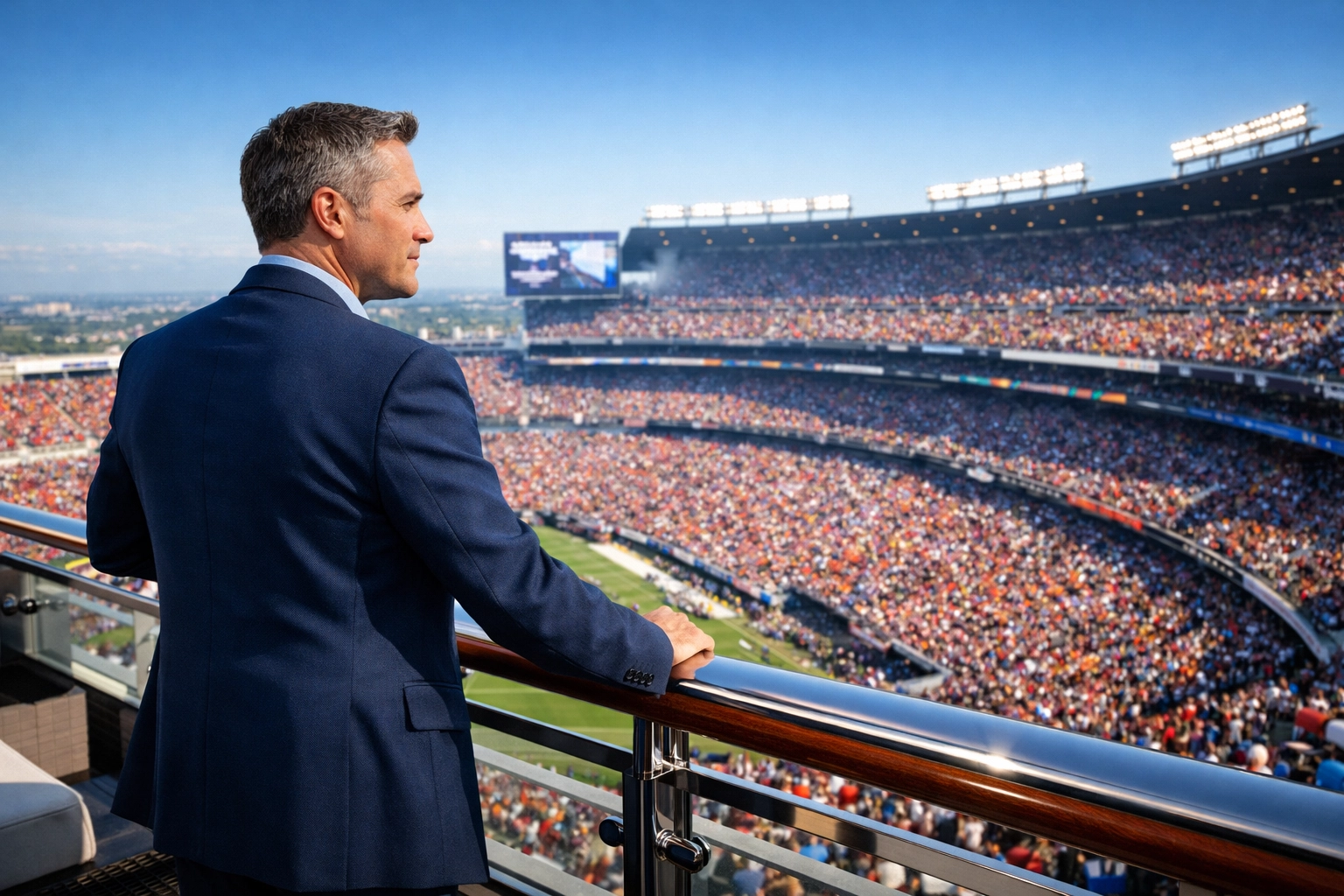 NEWSLETTER: Super Bowl VIP Secrets Revealed: What Elite Concierge Services Don't Want You to Know Corporate executive overlooking a stadium from a private balcony during a Super Bowl corporate event.