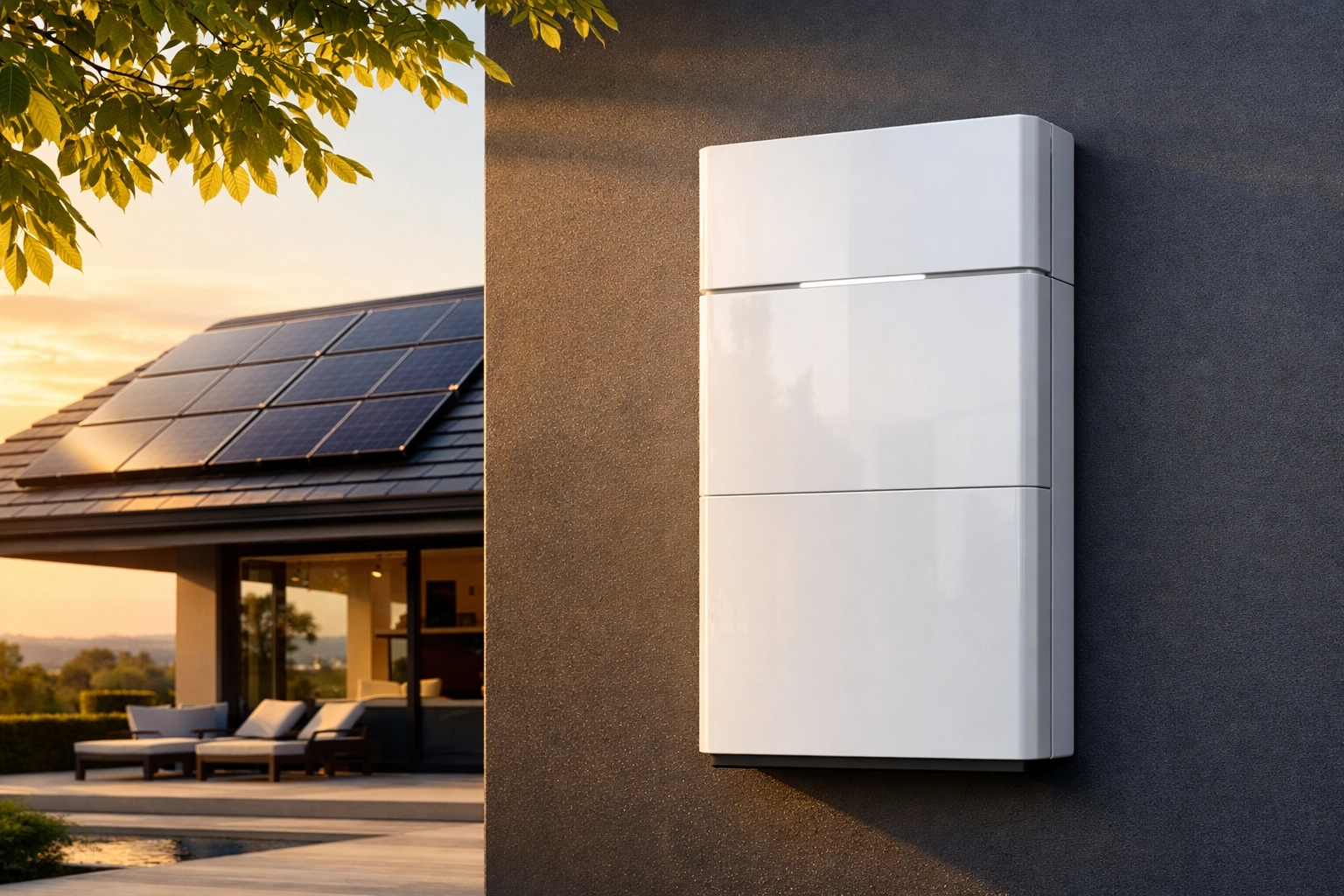Sleek Tesla Powerwall 3 home battery system installed alongside a rooftop solar panel array.