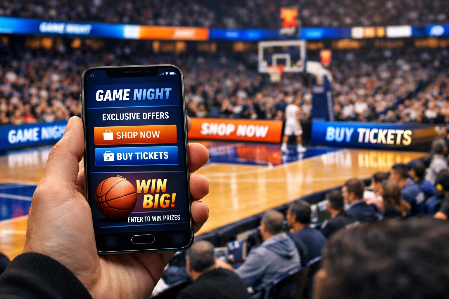 Fan using a smartphone in a basketball arena with digital perimeter ads showing omnichannel brand engagement.