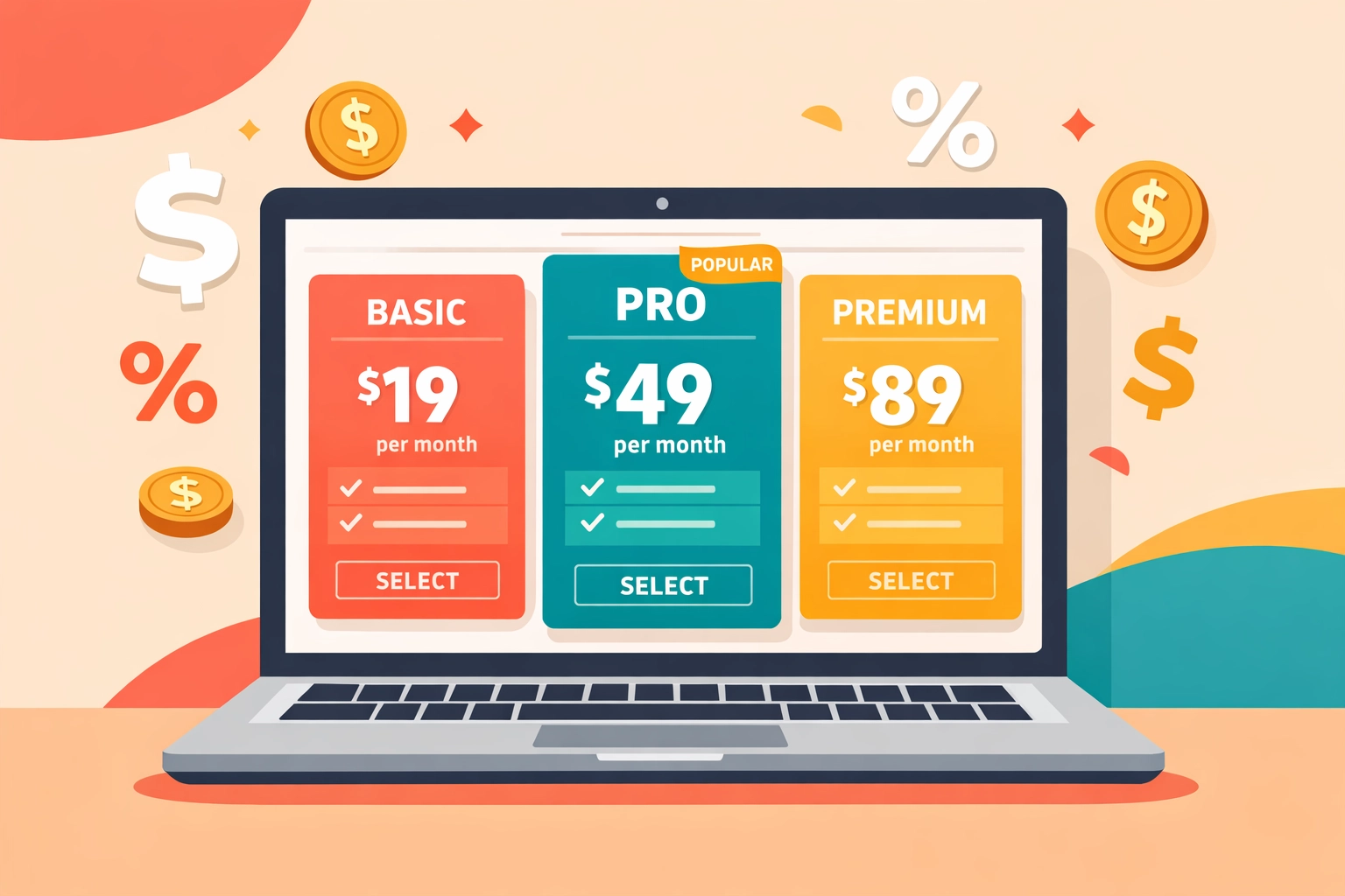 Digital product pricing tiers and monetization strategies displayed on laptop screen