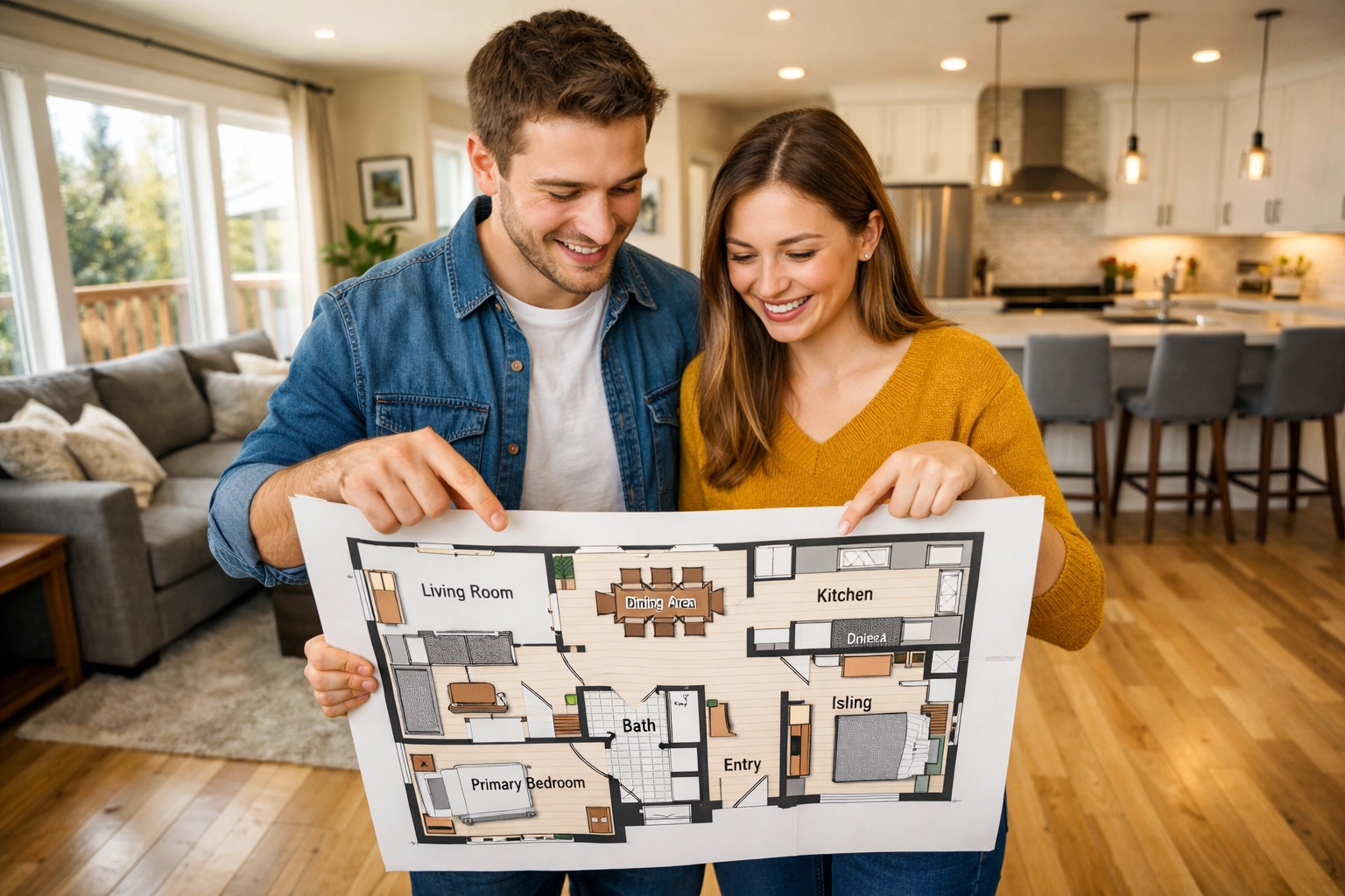 Home buyers studying floor plan at Saskatoon real estate showing