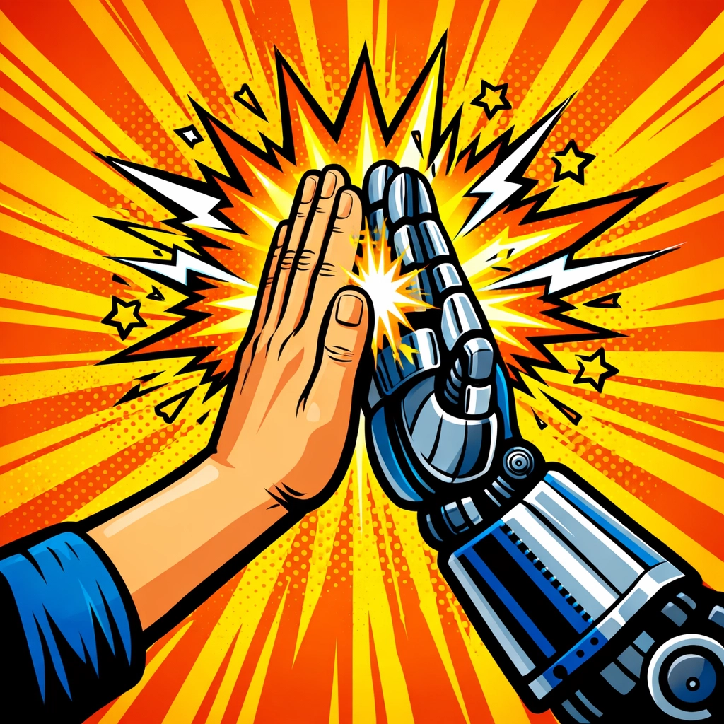 A human and robot high-fiving to show how to successfully automate customer support with AI.