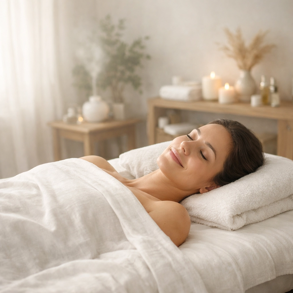 A relaxed client resting on a massage table after a soothing TMJ treatment for jaw pain.
