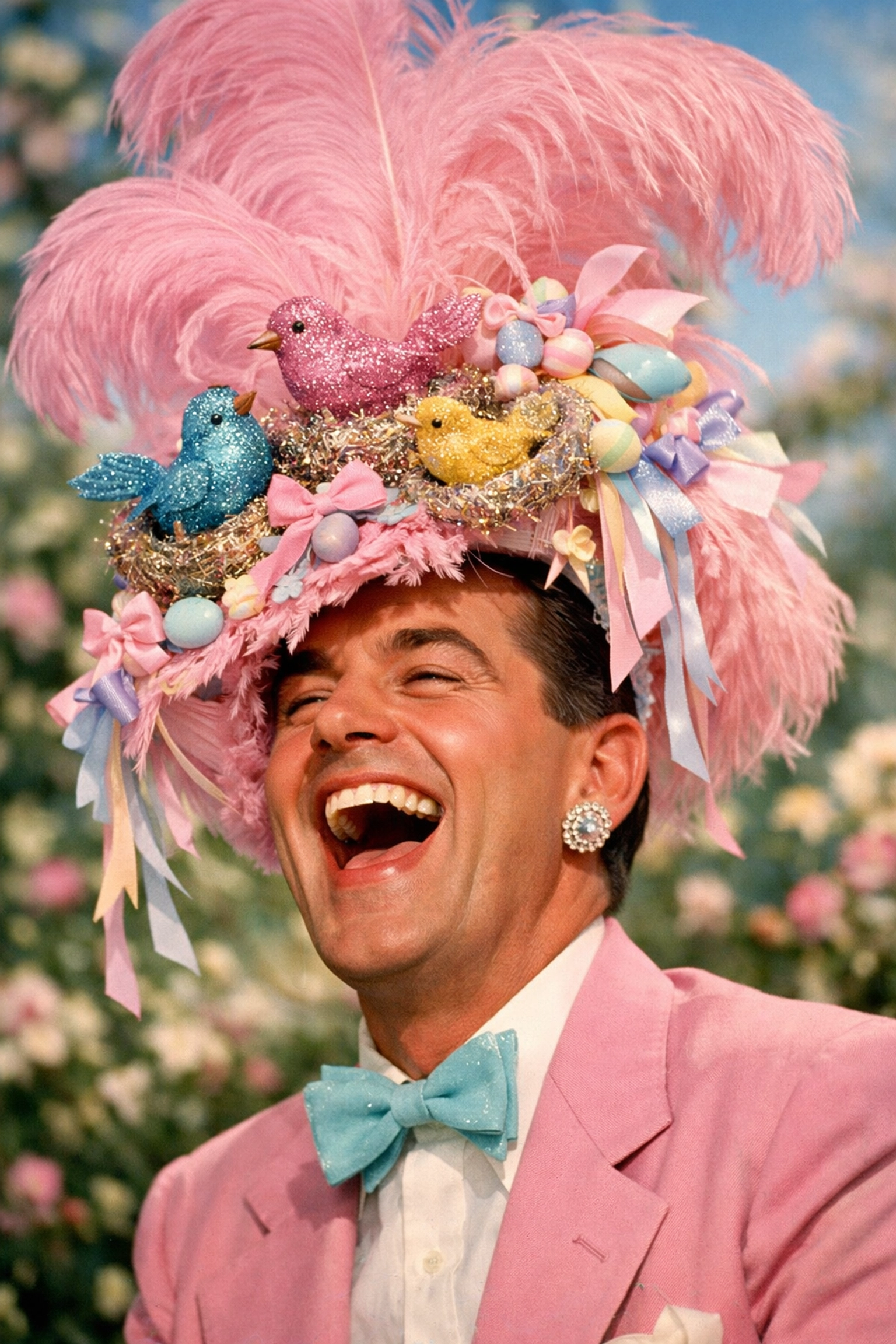 A joyful man in a campy 1950s-style Easter bonnet with feathers, representing vibrant queer fashion history.