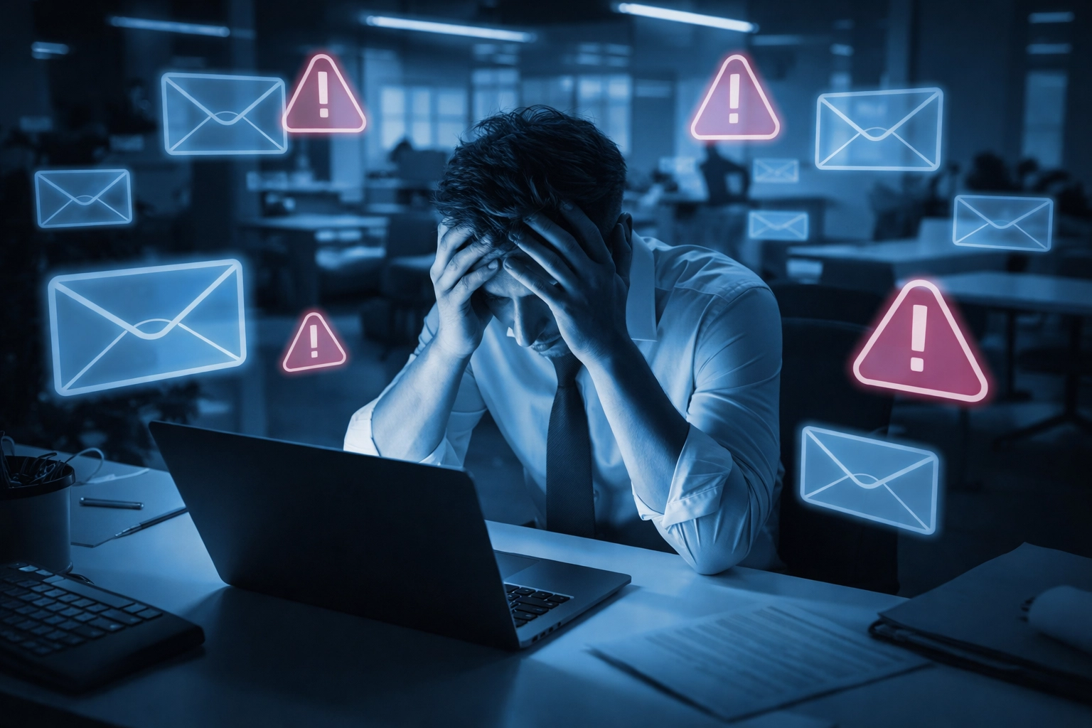 Stressed employee in modern office overwhelmed by phishing emails, illustrating phishing training mistakes impact.