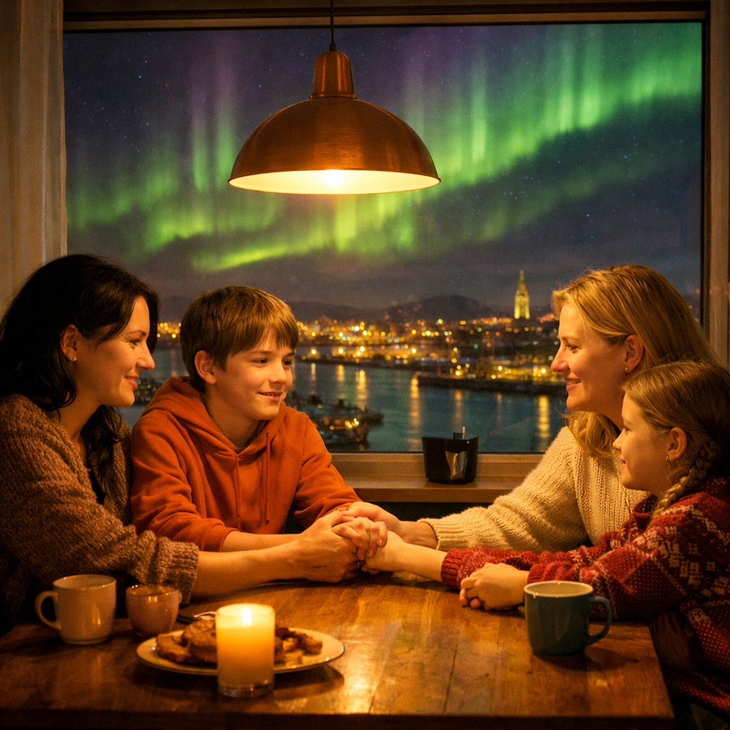 Icelandic LGBTQ+ family sharing intimate moment at home with Northern Lights over Reykjavik