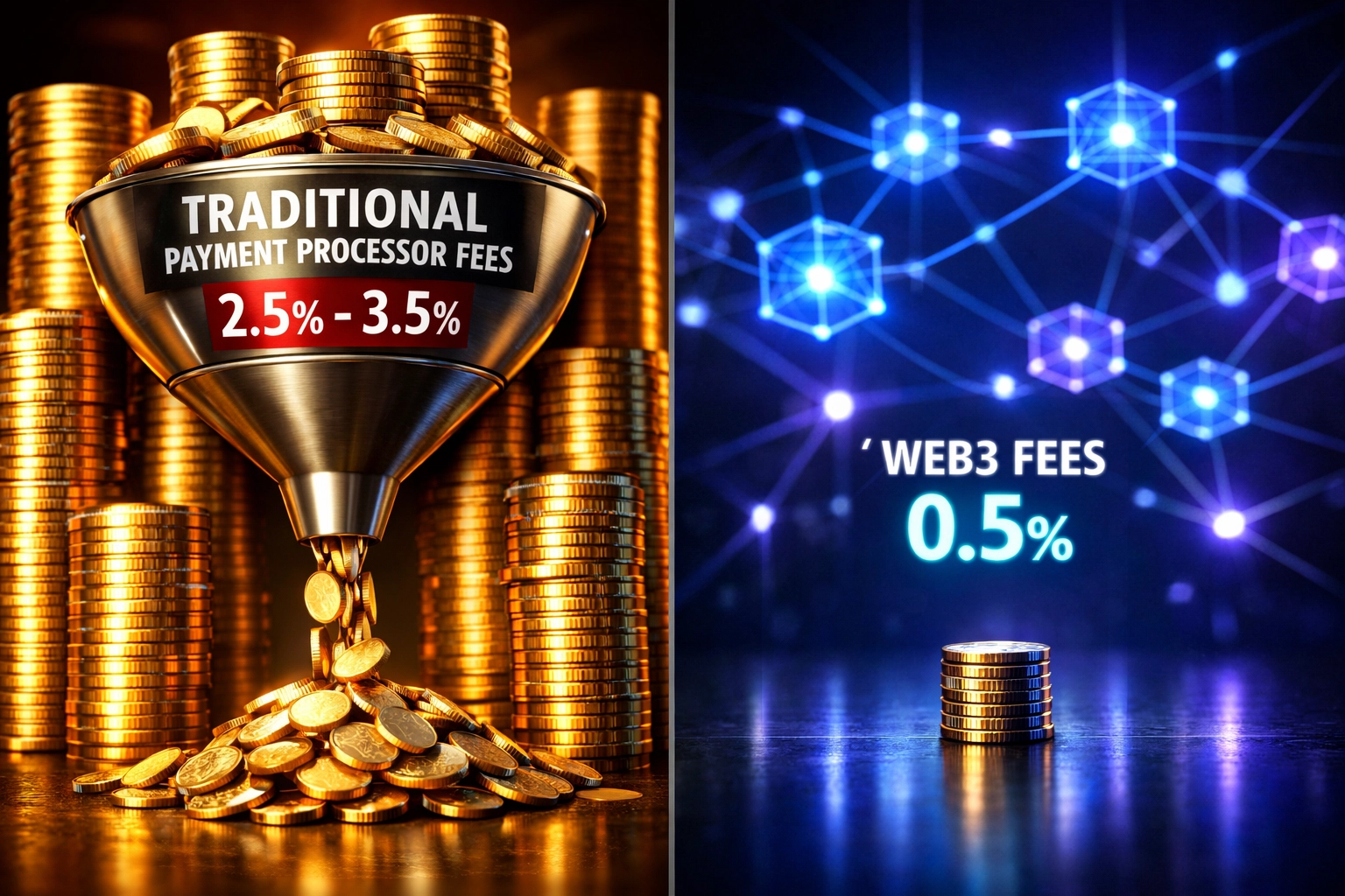Traditional payment fees vs Web3 global payments cost comparison showing 50-70% merchant savings