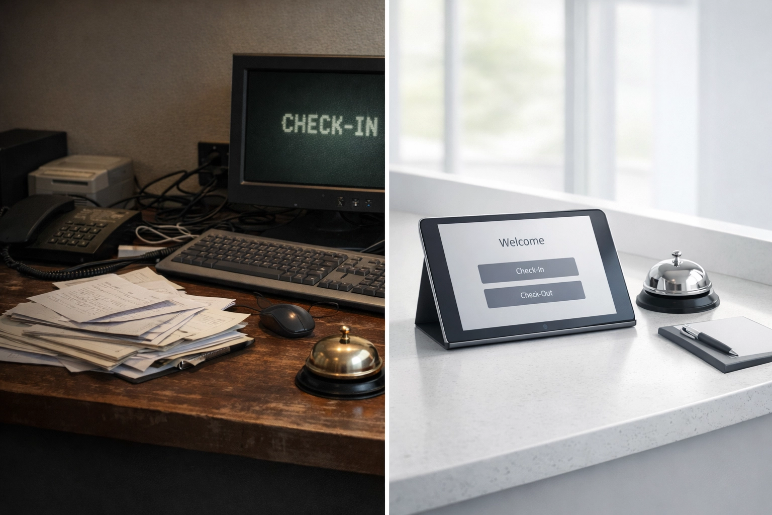 Comparison of outdated hotel front desk computer versus modern cloud-native PMS tablet interface