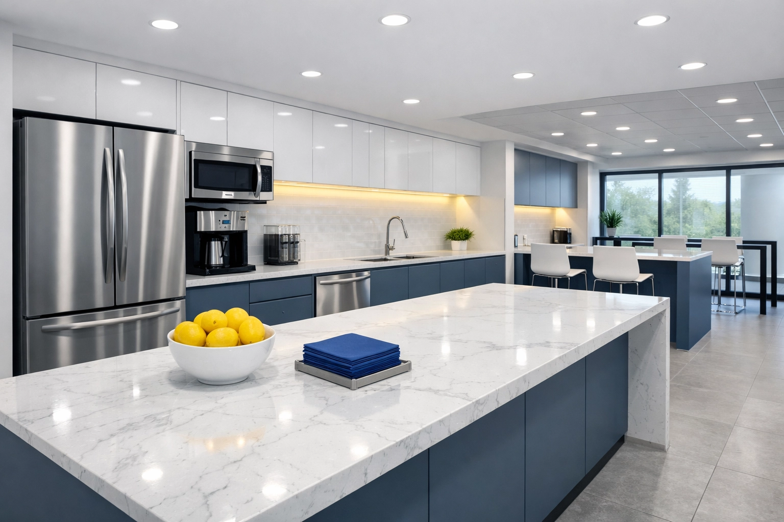 A pristine, deep-cleaned office breakroom in Bedford showing sanitized stainless steel appliances.