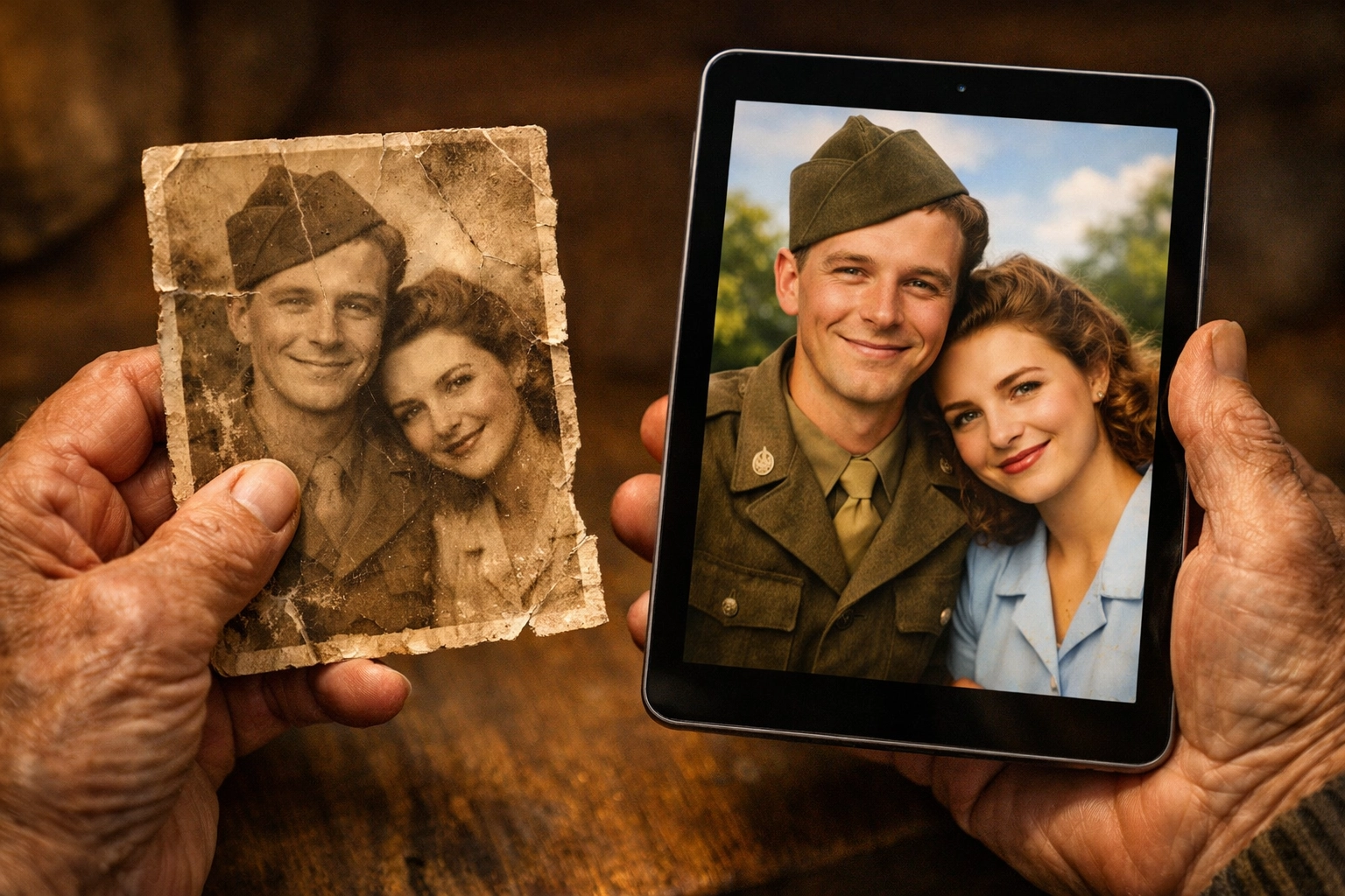 Restoring vintage photos with AI photography news tools to bring clarity and color to old family memories.
