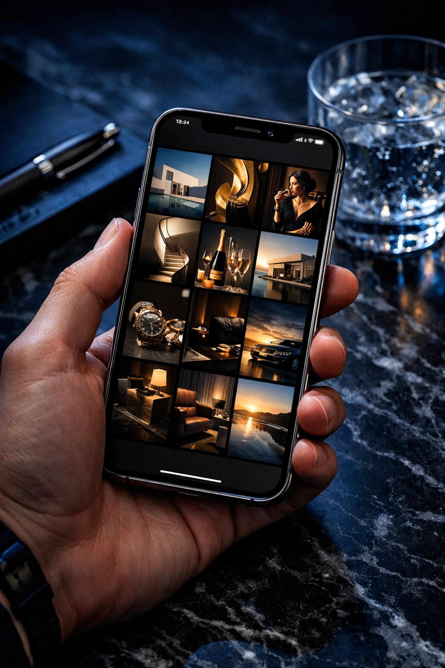 Hand holding a smartphone displaying a curated luxury Instagram grid for brand scaling.