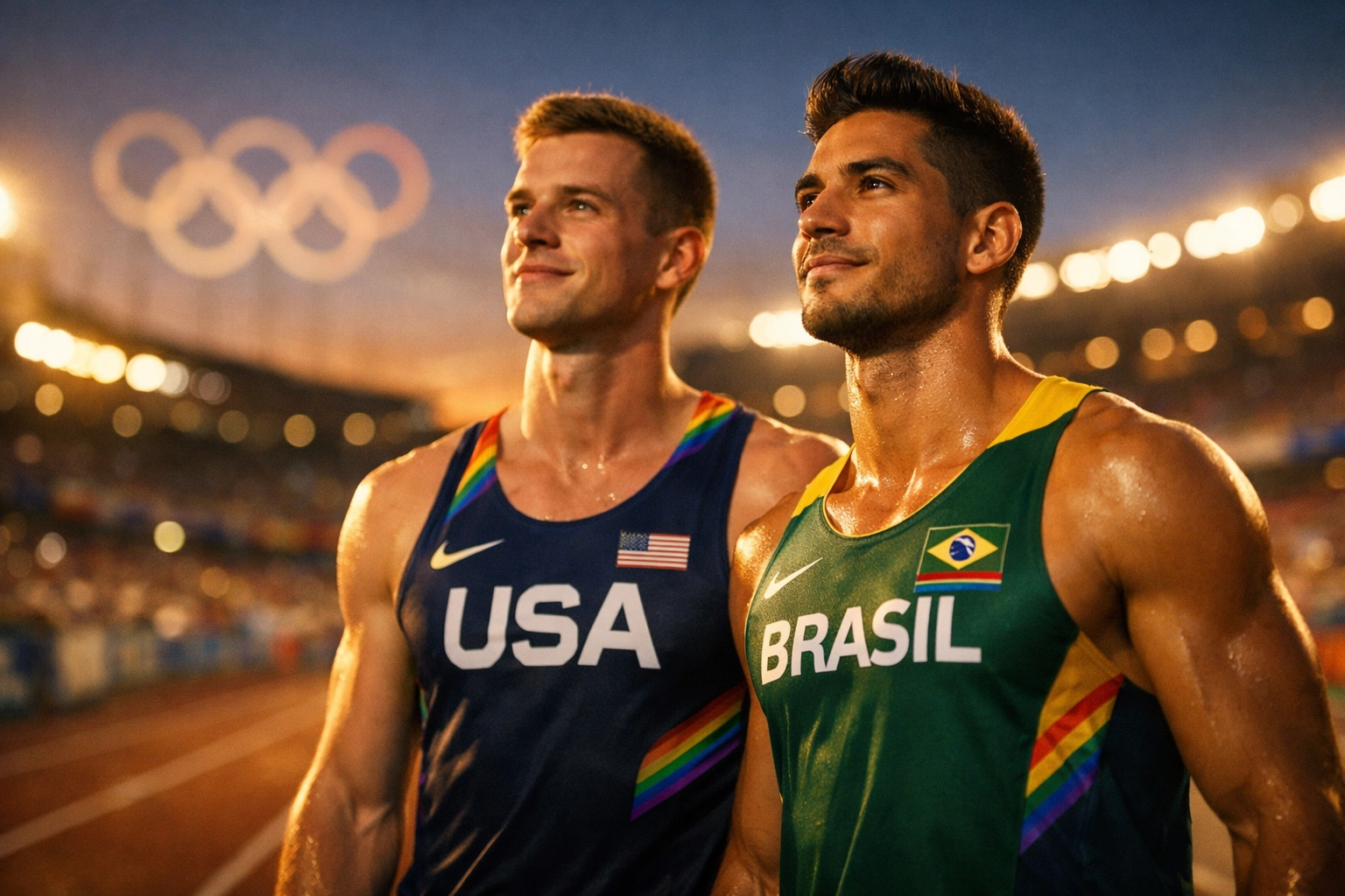 Two LGBTQ+ athletes standing together on Olympic track representing pride and visibility in sports
