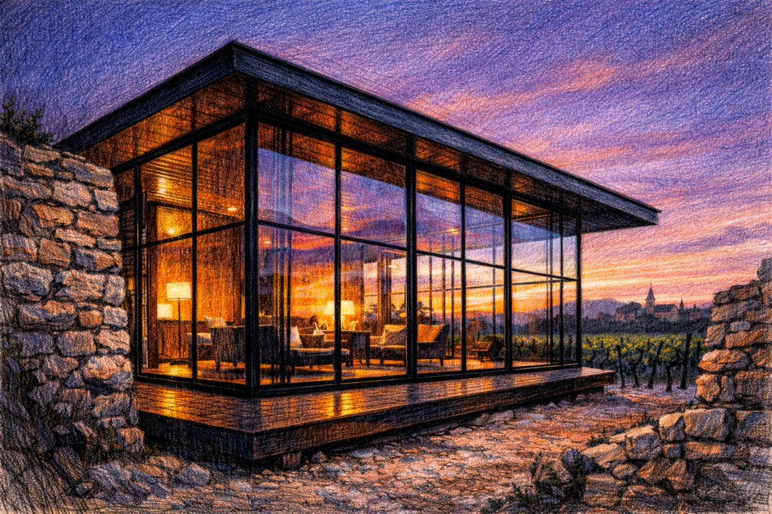 Industrial glass and steel pavilion at Villa La Coste featuring sustainable hotel architecture.