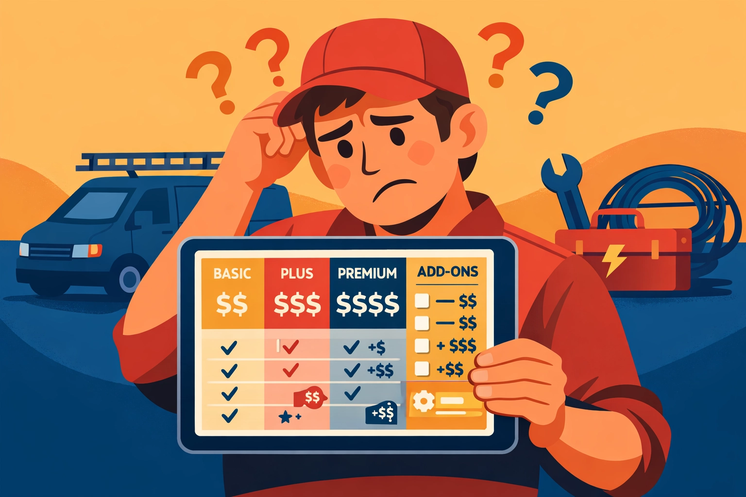 Small business owner confused by complex field service software pricing tiers and hidden fees