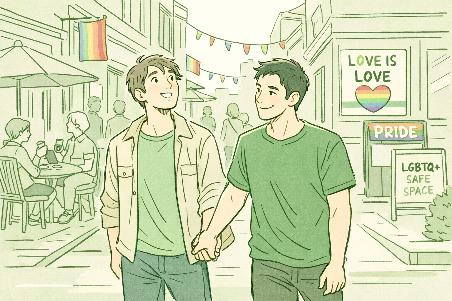 Gay couple walking openly hand-in-hand in Toronto's LGBTQ+ neighborhood after gaining asylum