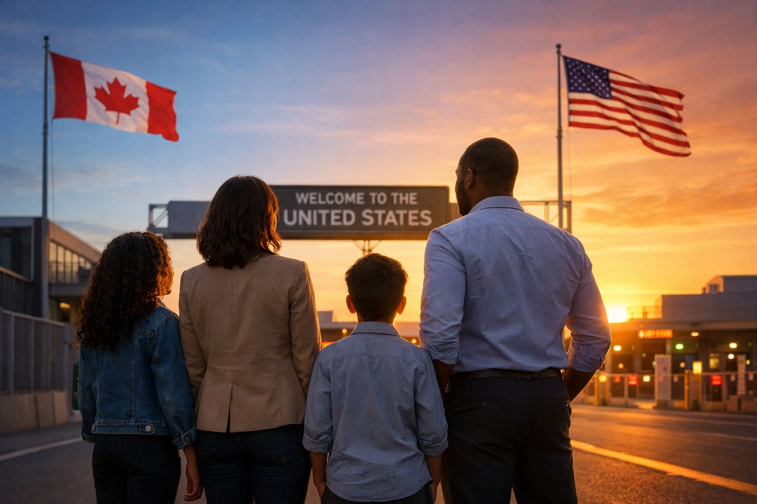 Canadian family at US border looking toward America representing EB-5 immigration opportunity and new beginnings