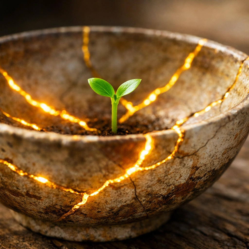 Kintsugi bowl with a green sprout illustrating the transformation of core wounds into wisdom and growth.