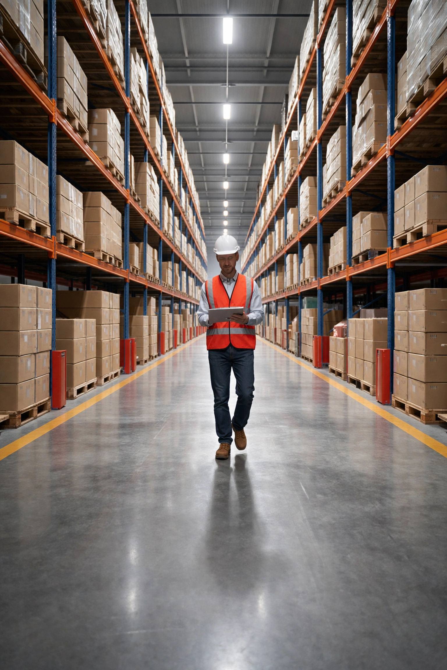 Modern managed warehouse interior in Hertford with organized pallet storage, logistics staff, and efficient fulfilment systems.
