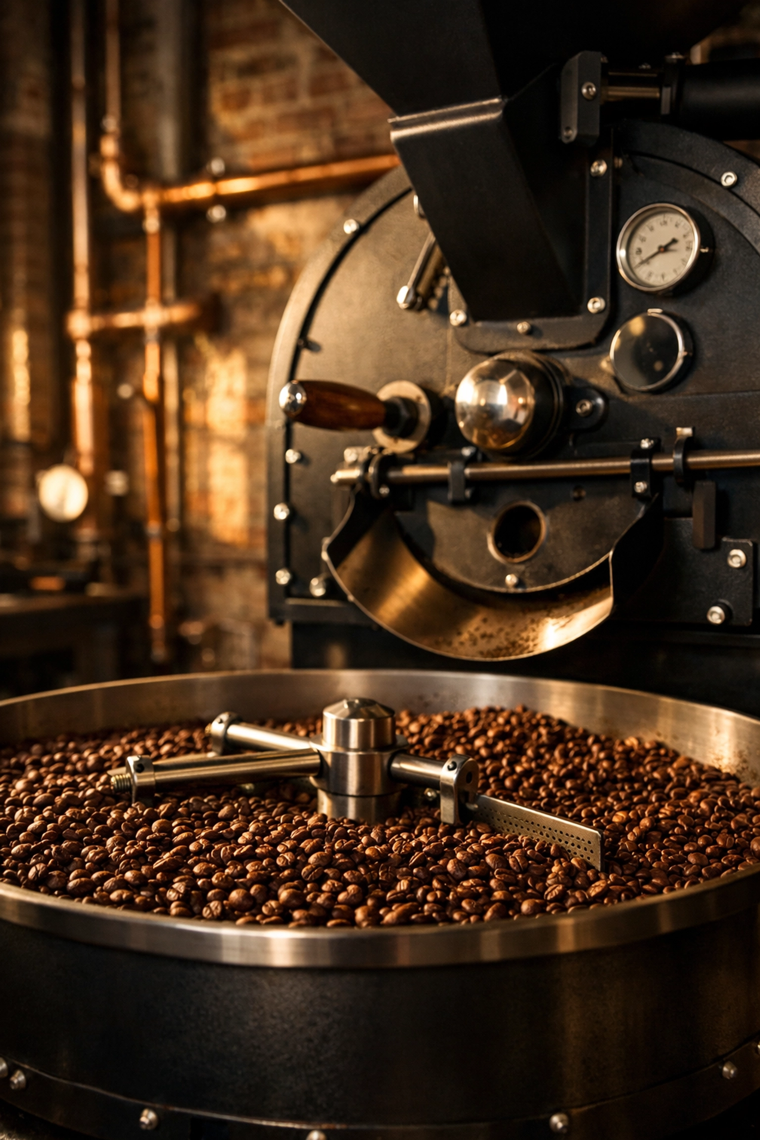 Specialty-grade coffee beans in a professional roaster, processed for low acidity and maximum antioxidant preservation.