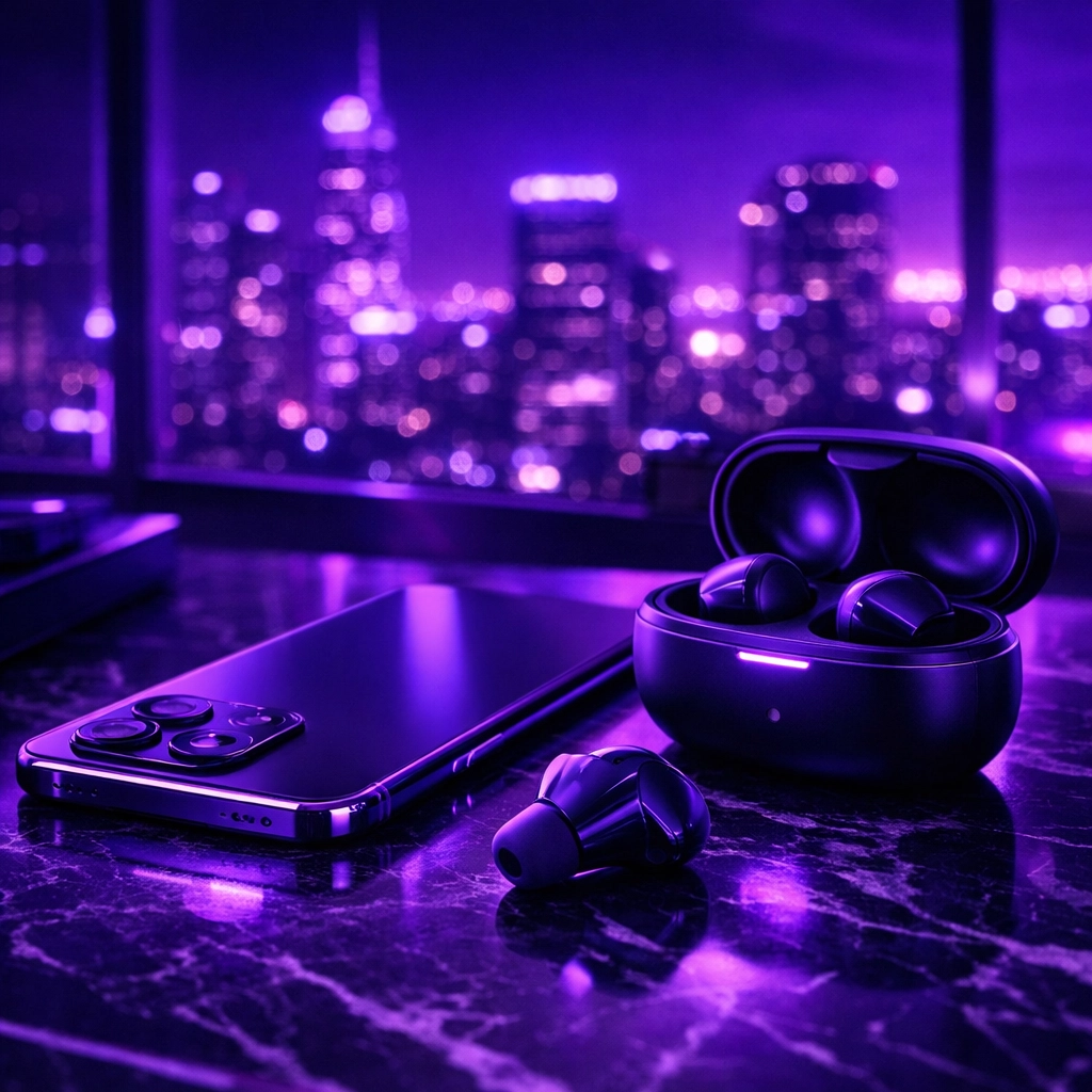 Sleek smartphone and earbuds representing 24/7 agency operations with AI voice agents for business.