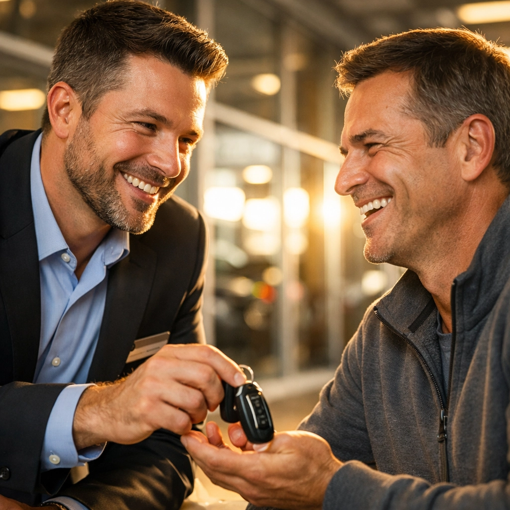 A professional service advisor builds trust and human connection by handing keys to a smiling customer in a service drive.