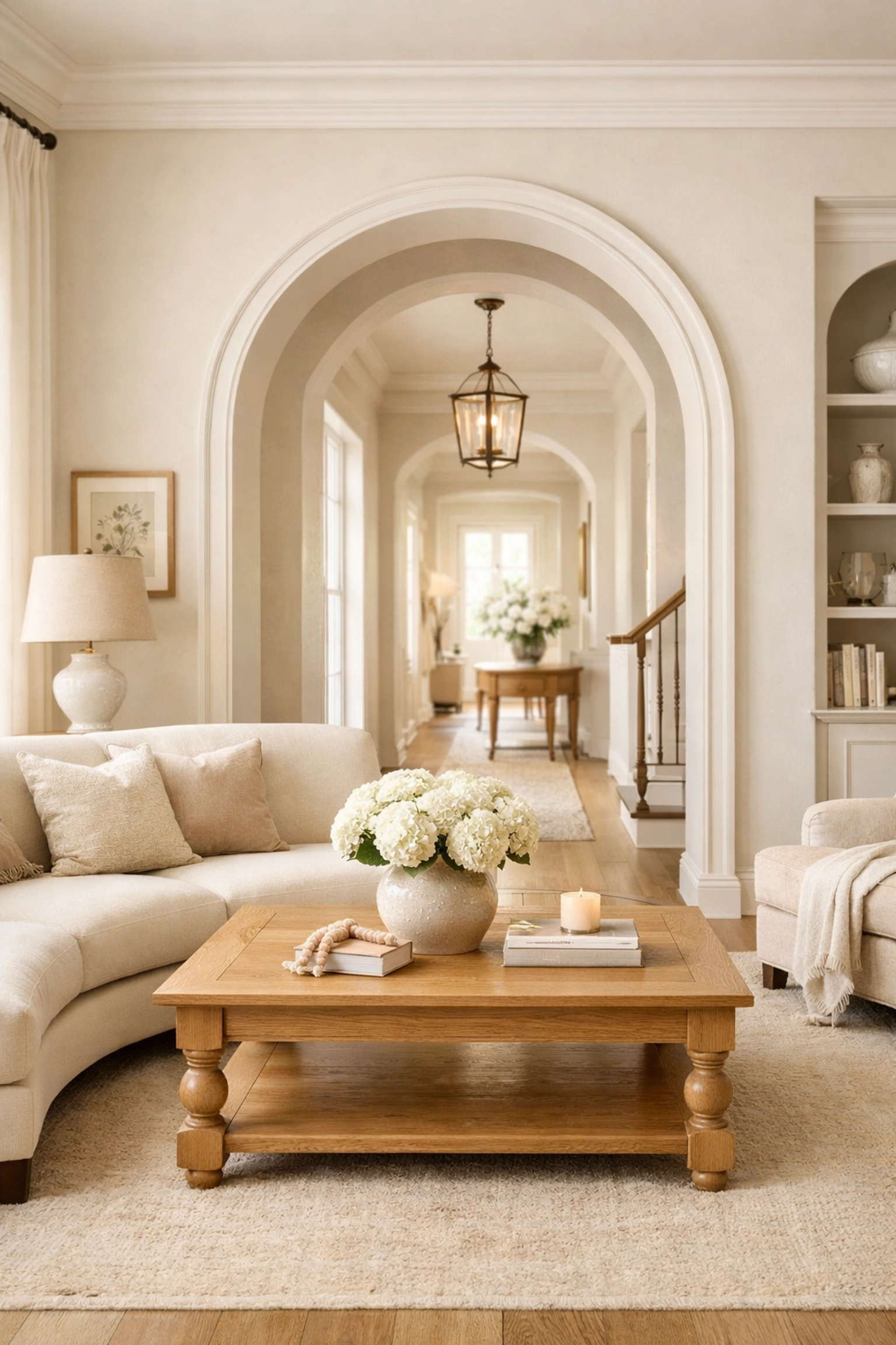 Transitional home remodeling Orlando living room with a soft arched doorway and warm neutral tones.