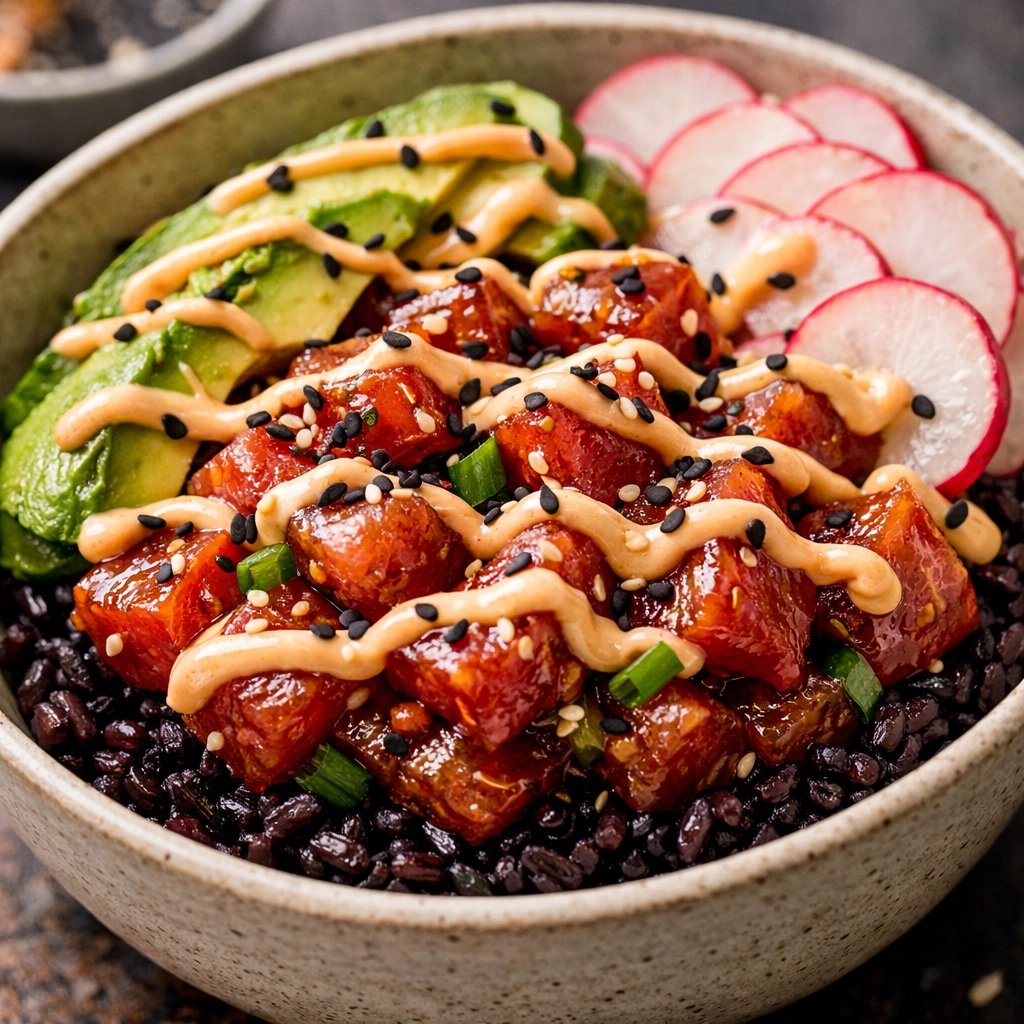 Poke bowl au riz noir et thon mariné, un repas sain et équilibré pour la pause déjeuner.