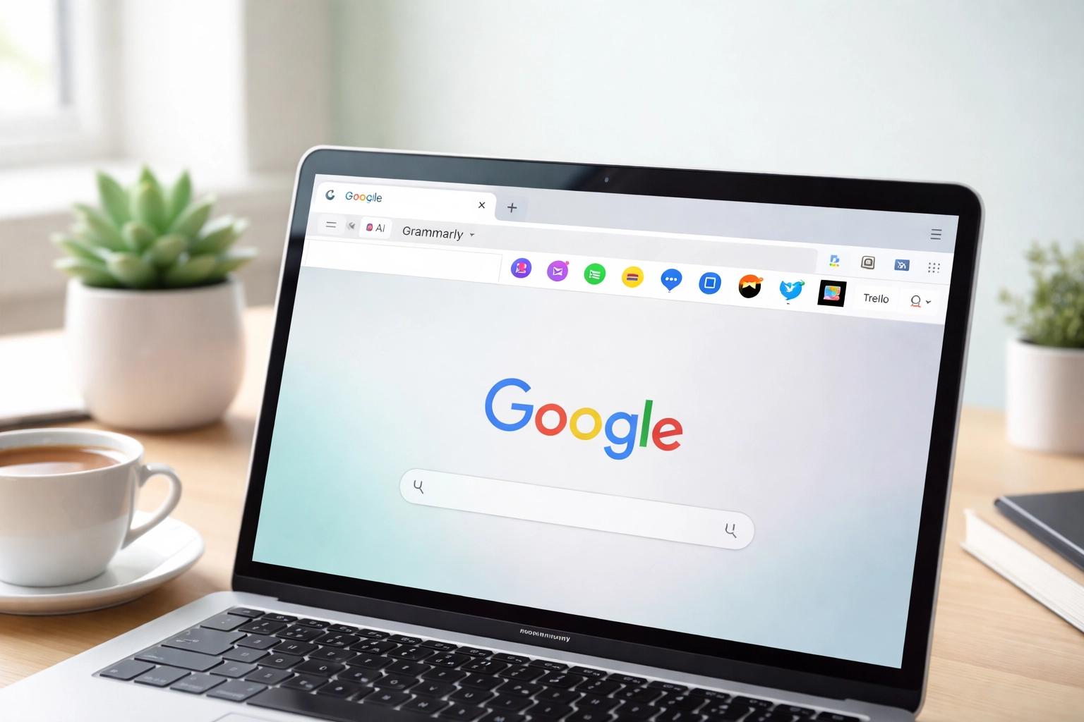 Bureau moderne avec ordinateur portable affichant Google Chrome et des extensions SEO, idéal pour optimiser le référencement en Tunisie.