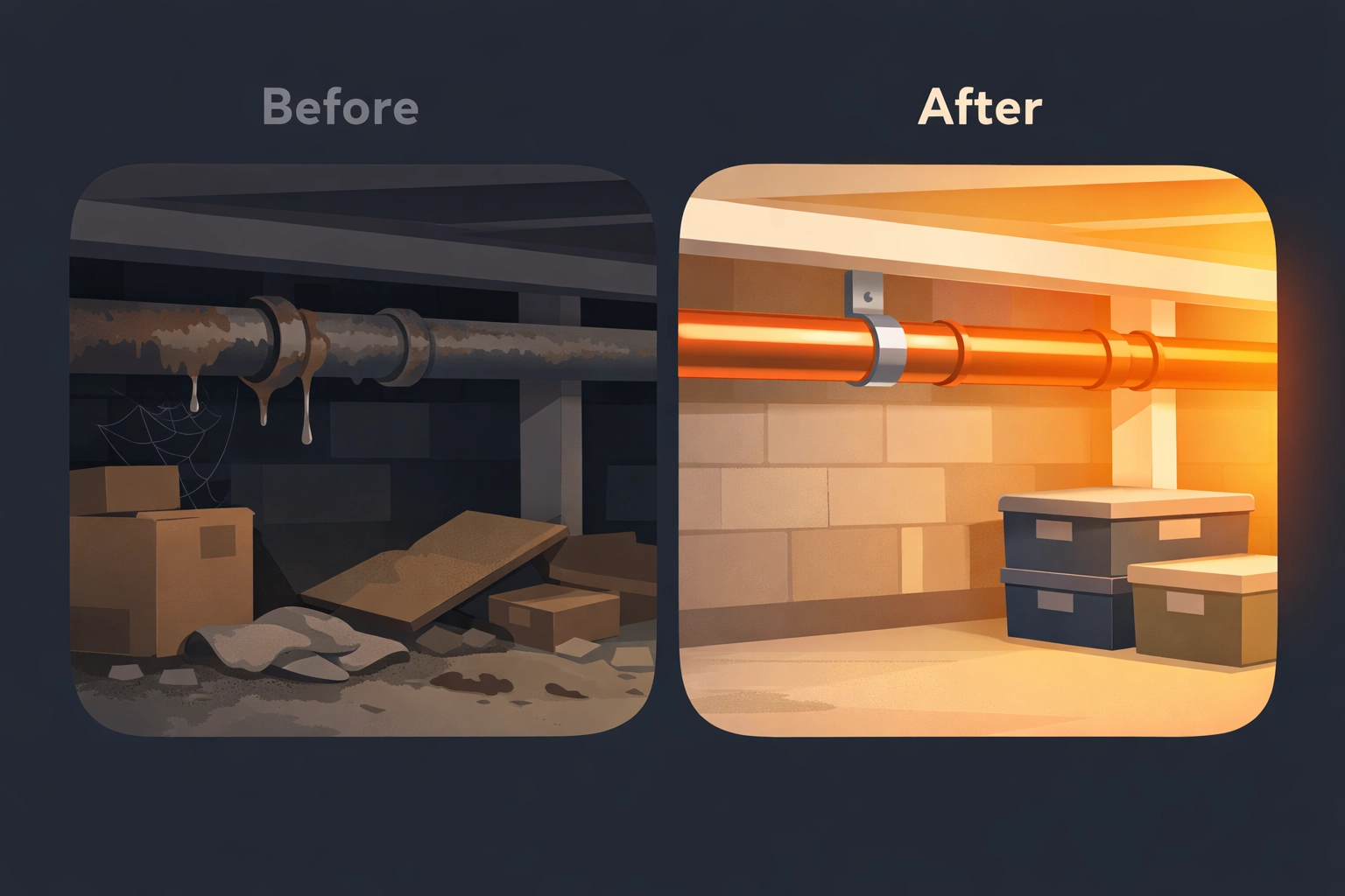 Before and after photo app comparison of a rusty pipe versus a clean professional installation.