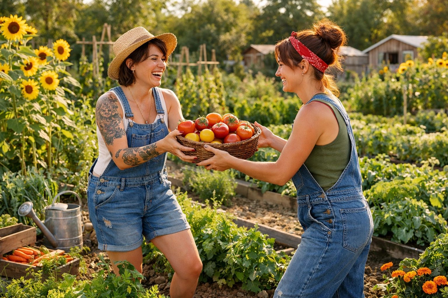 Two lesbian women harvesting tomatoes in a sun-drenched community garden, finding connection through outdoor hobbies.