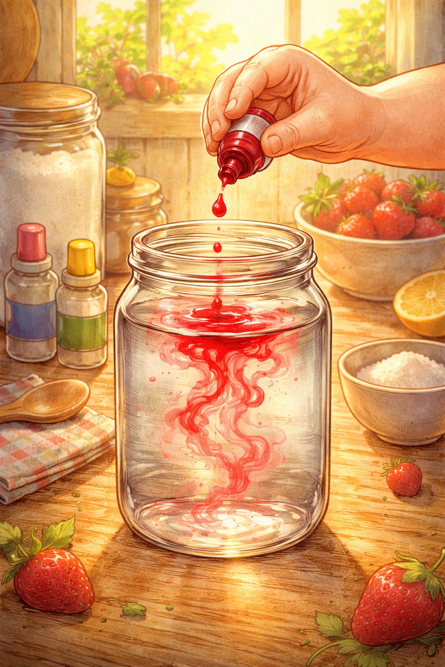 Close-up of a child adding red food coloring to water in the paper towel color walk experiment, showing vivid color swirling in a clear jar.