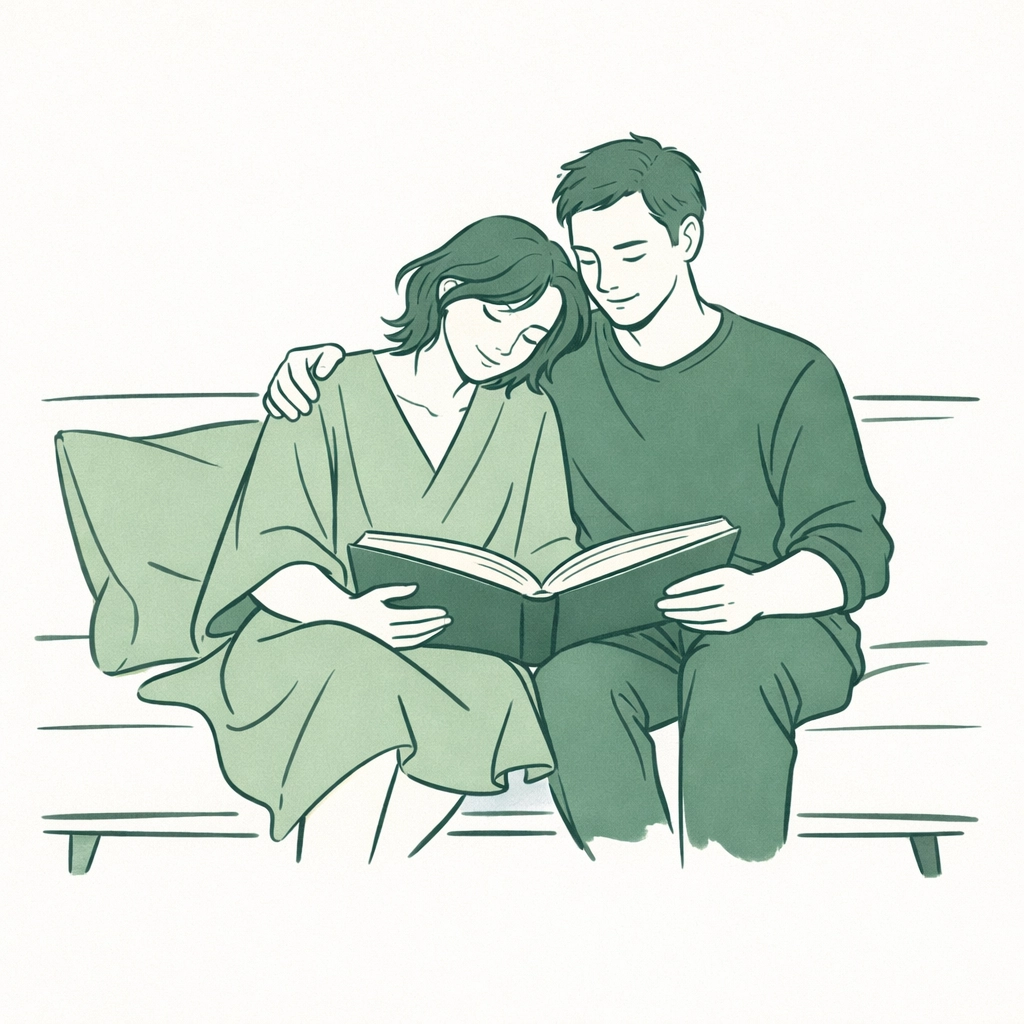 Minimalist illustration of a non-binary person and partner reading, reflecting LGBTQ+ literature themes.