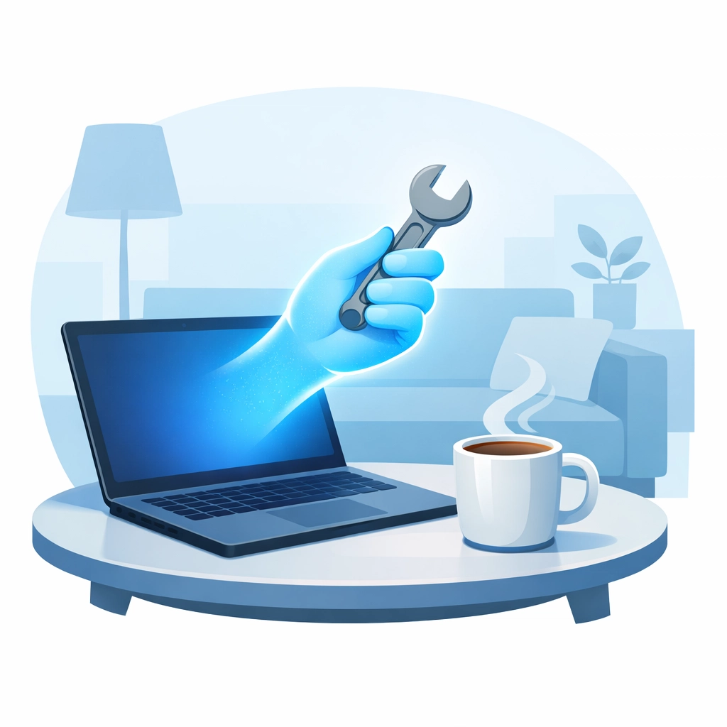 Remote IT support illustration showing a laptop and coffee mug to represent easy home computer repair.