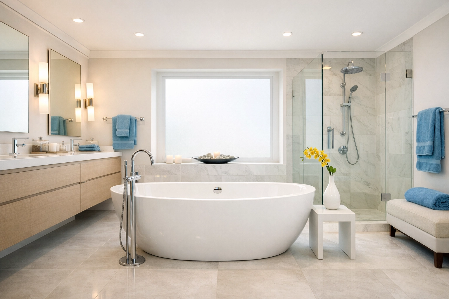 Spotless luxury bathroom with a white soaking tub and professional green cleaning results.