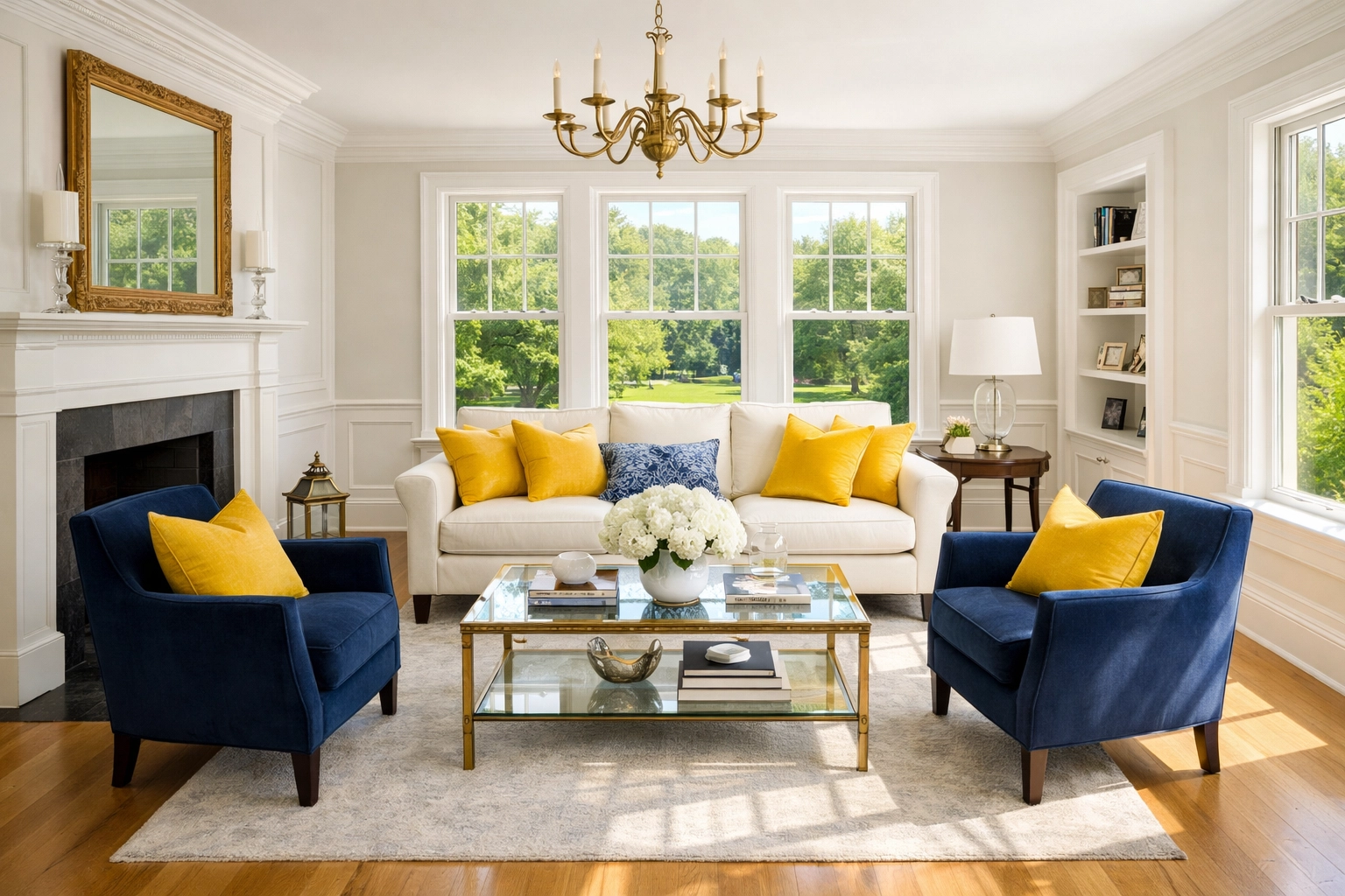 Sunlit, professionally cleaned living room in Harvard, MA with spotless hardwood floors and bright windows.