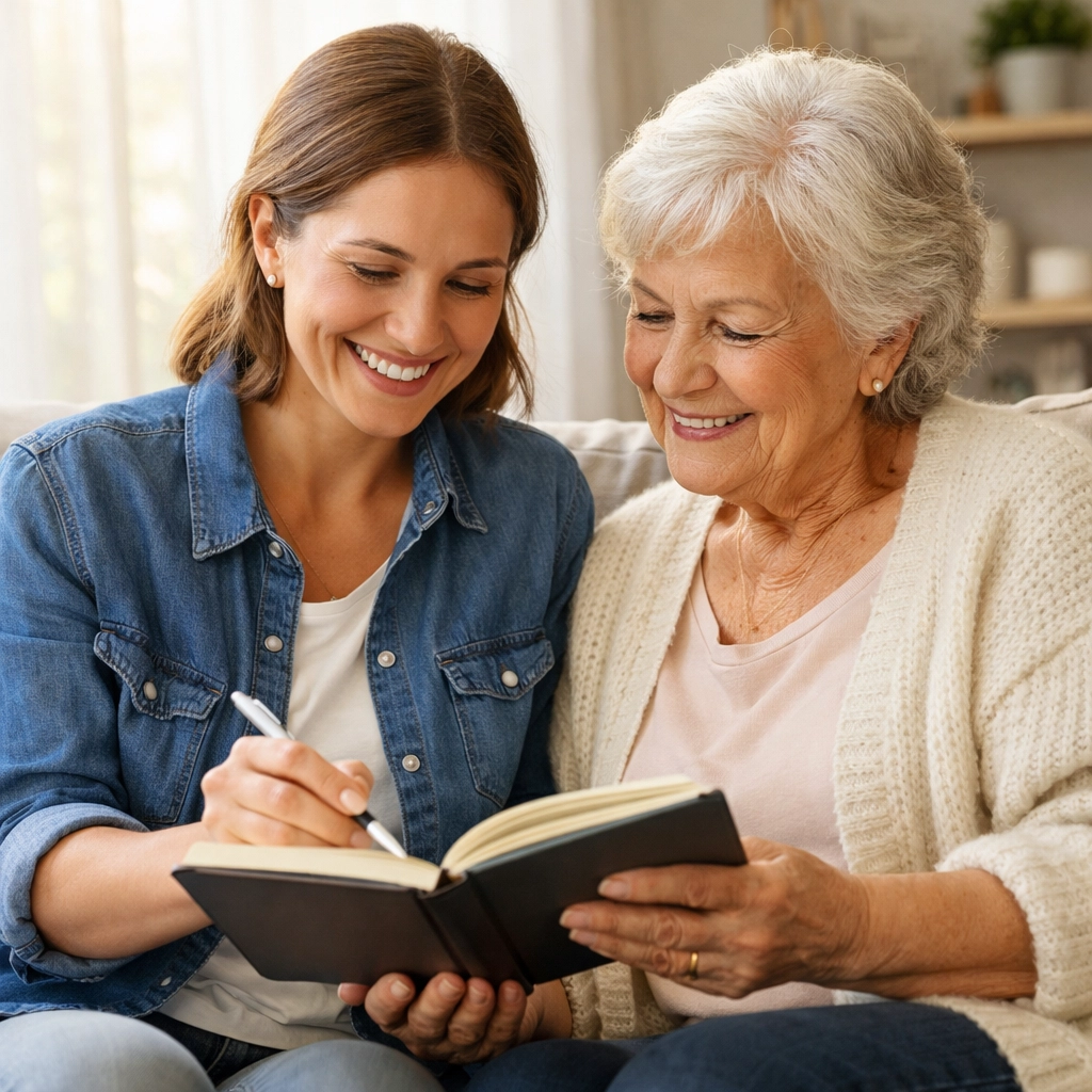 Caregiver and elderly mother discussing fall prevention plan together on couch