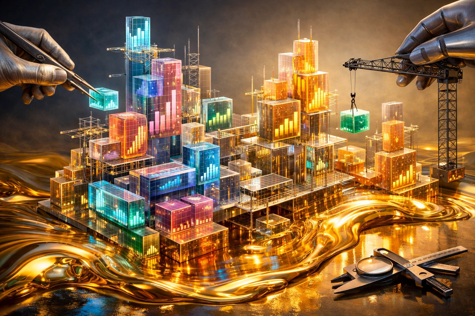 Complex crystalline financial structures assembled from neon data blocks over liquid gold, representing a comparable company analysis built from scratch.