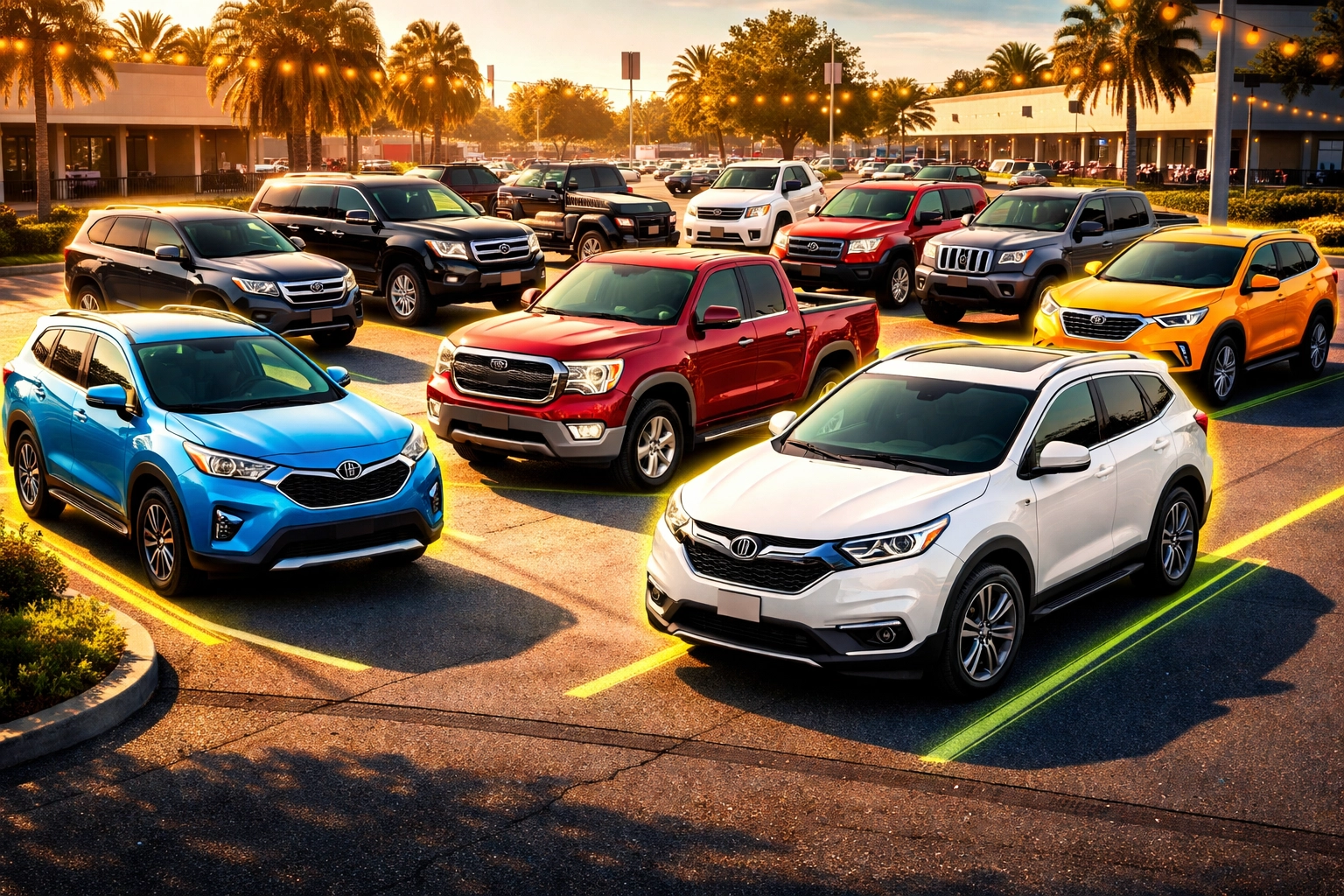 Wide variety of used SUVs, trucks, and cars on Arnold dealership lot near Barnhart MO at sunset.