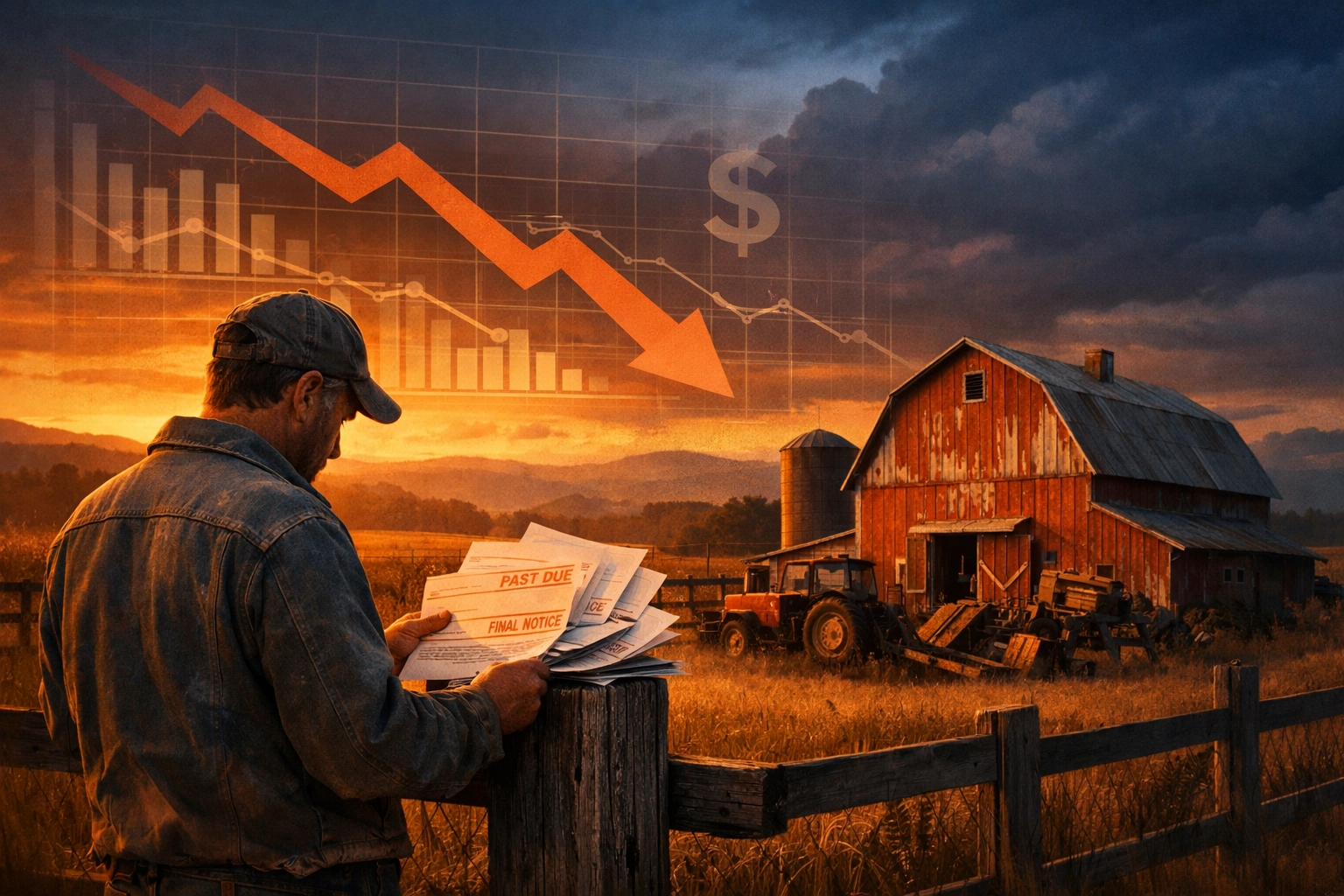 Farmer reviewing financial documents at struggling family farm facing bankruptcy and losses