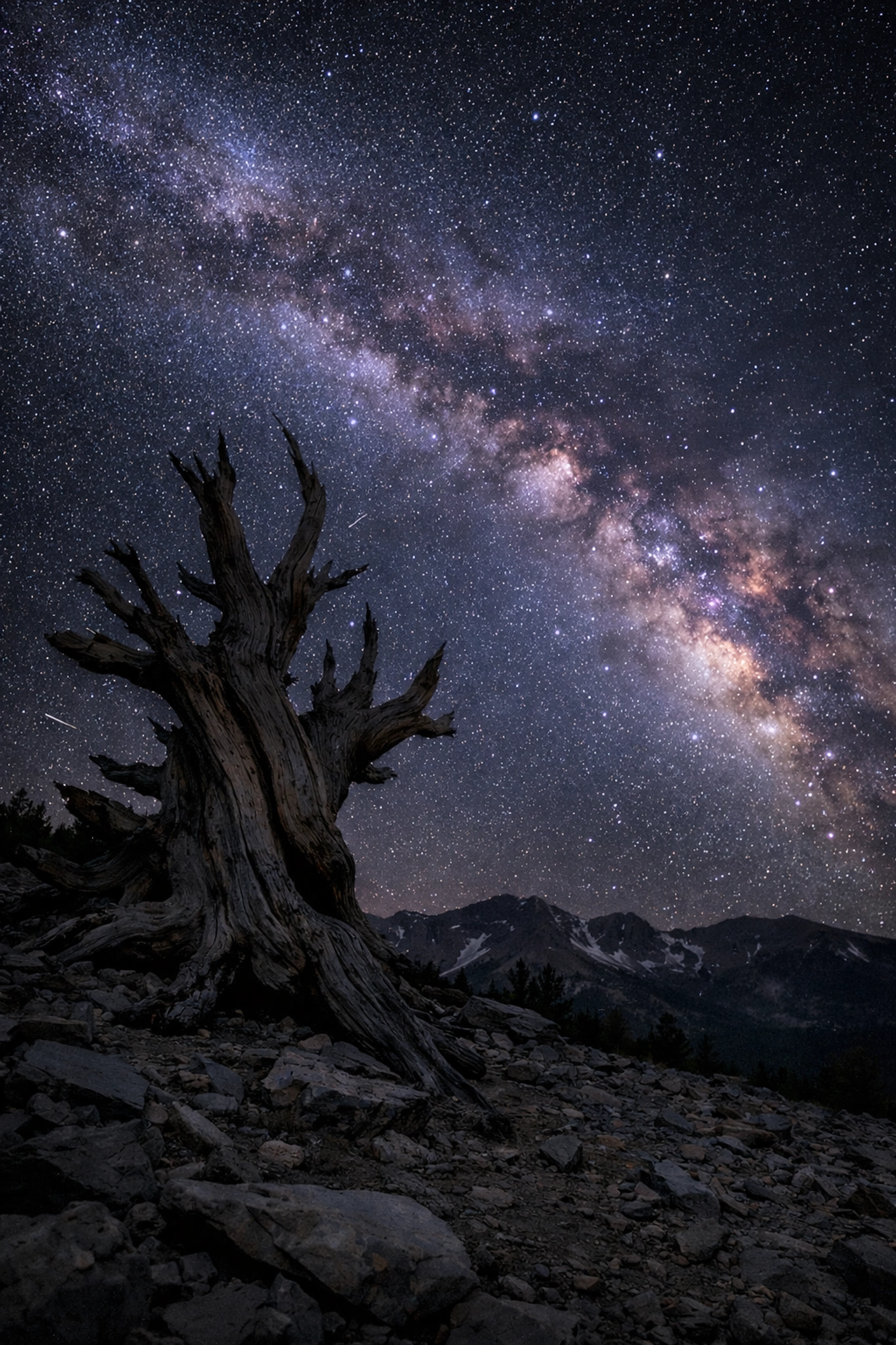 Milky Way astrophotography at Great Basin National Park featuring a silhouetted Bristlecone Pine tree.