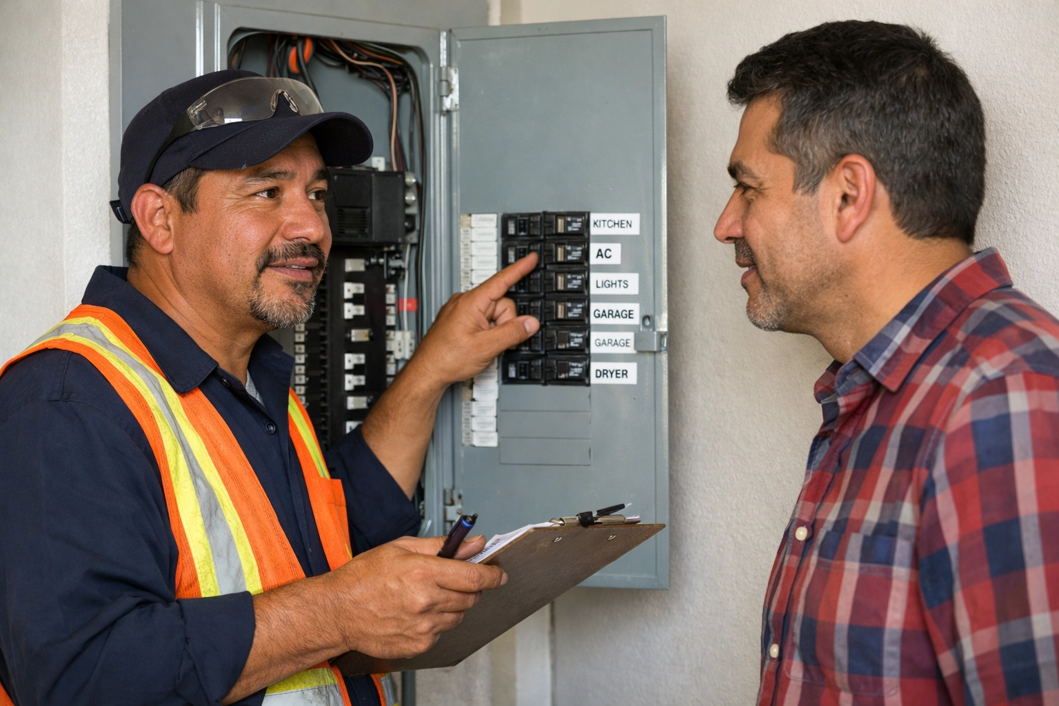 A professional Mexican electrician explains a labeled electrical panel during a home safety inspection, using bright natural lighting for an authentic service-call look.