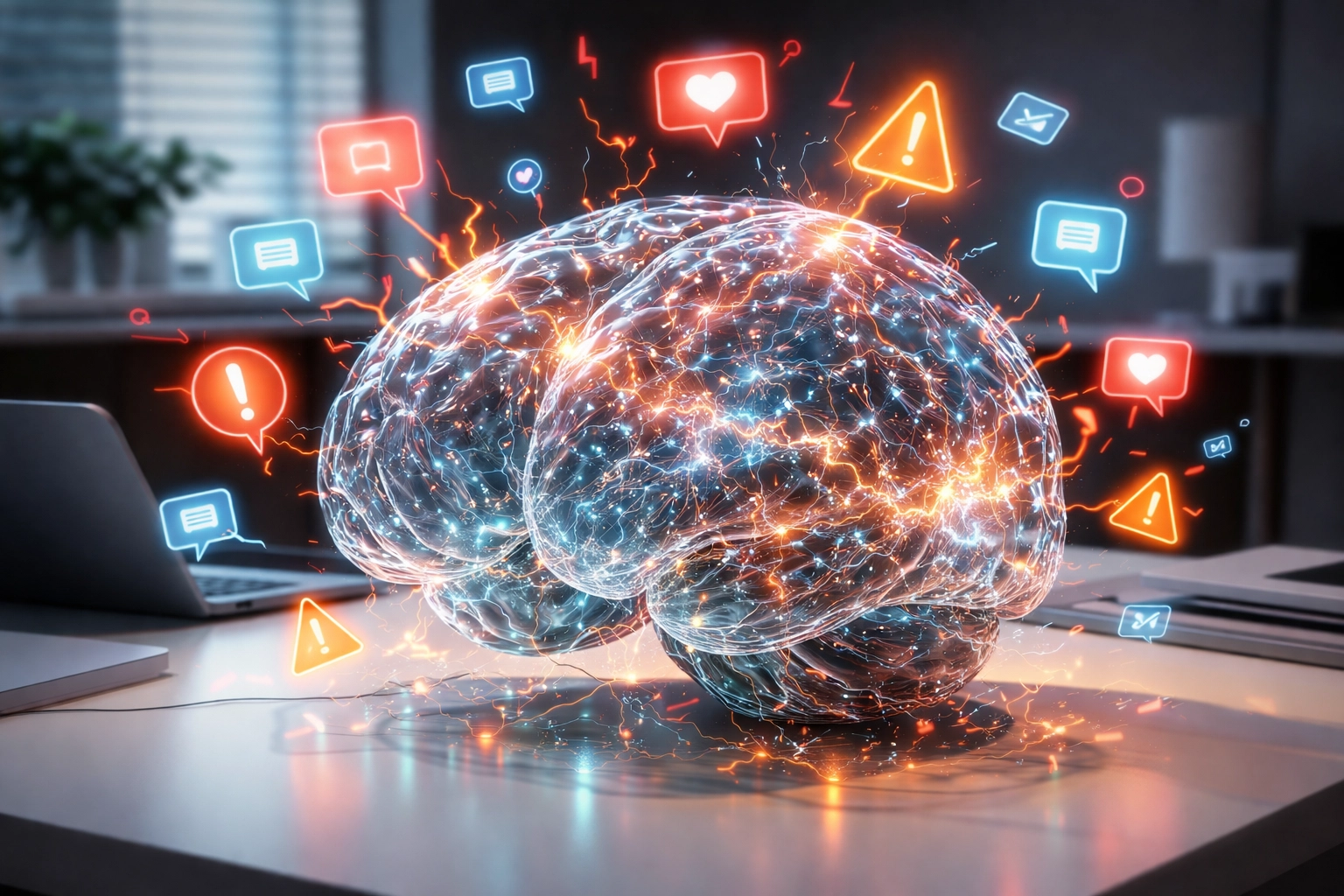 Glass brain with notifications symbolizing sensory overload from AI technology in the workplace