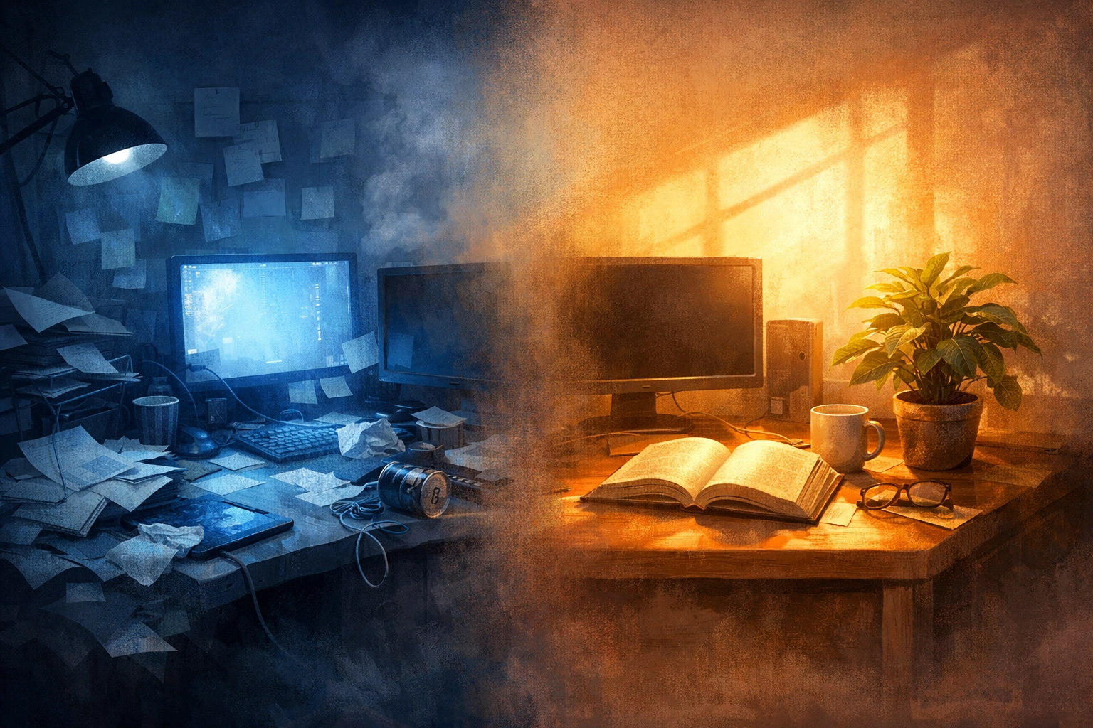 Creative workspace transformed from chaos to peaceful Sabbath rest