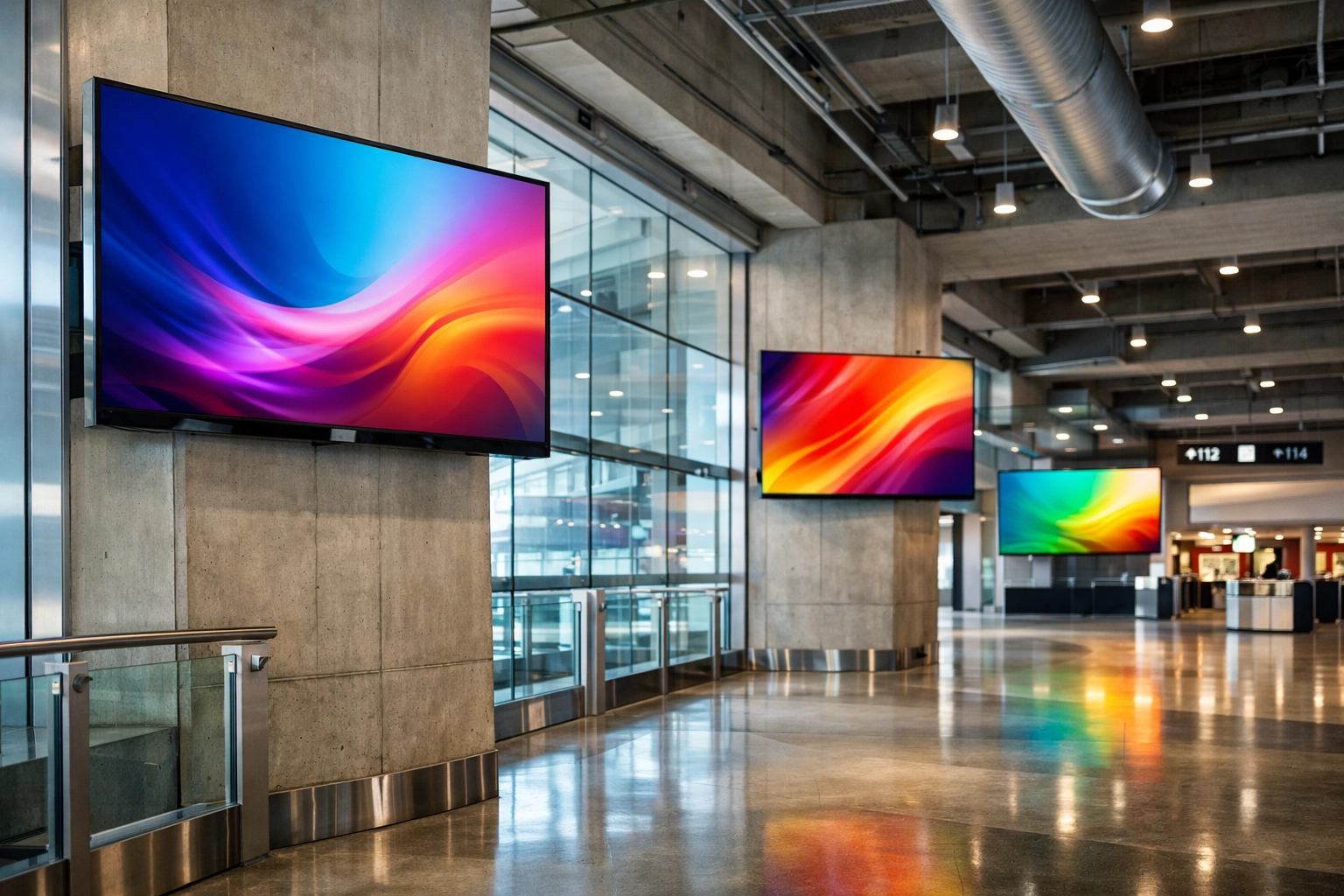 Modern stadium concourse featuring digital LED displays for centralizing media assets and sponsorship activation.